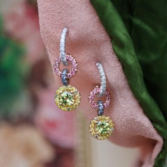 Chrysoberyl Intense Pink Spinel Sapphire Yellow Diamond Halo Earrings