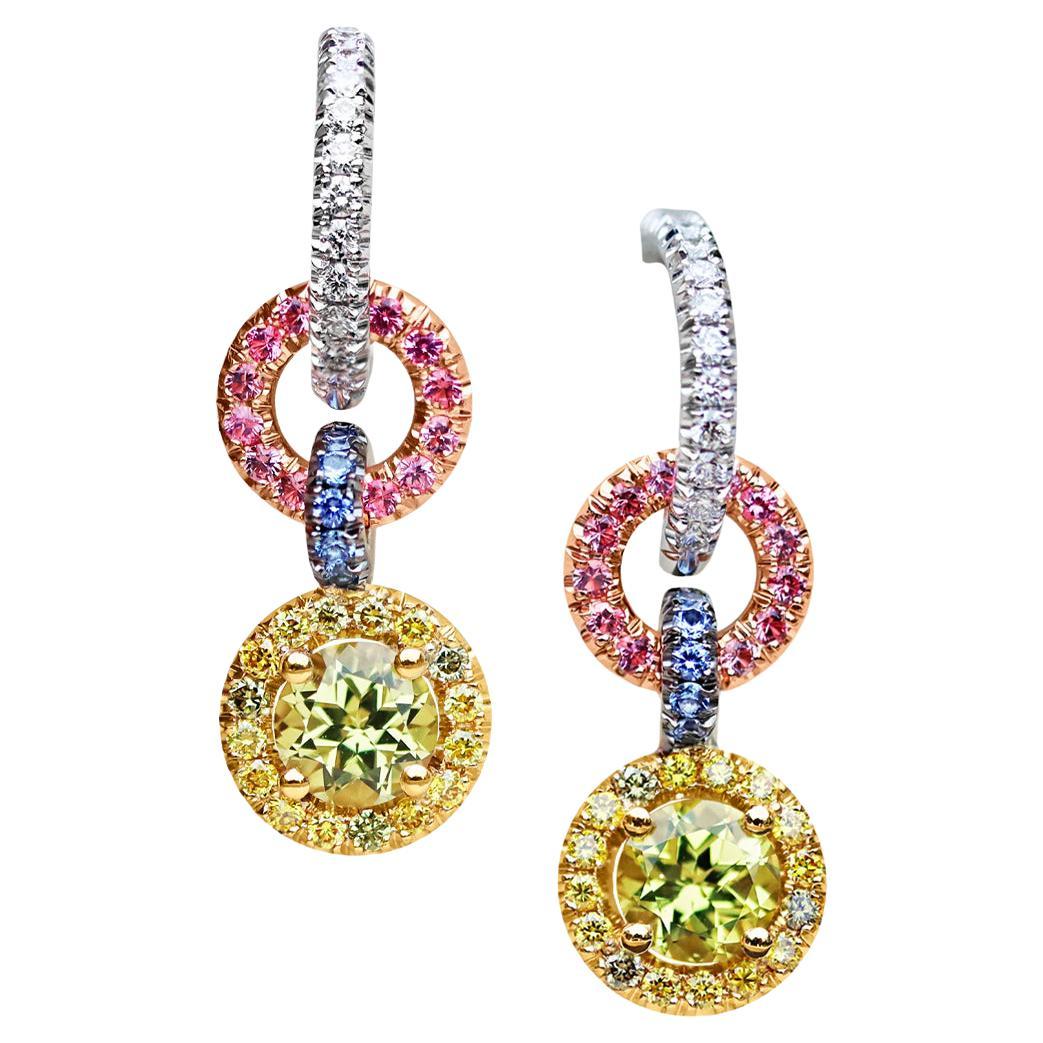 Chrysoberyl Intense Pink Spinel Sapphire Yellow Diamond Halo Earrings