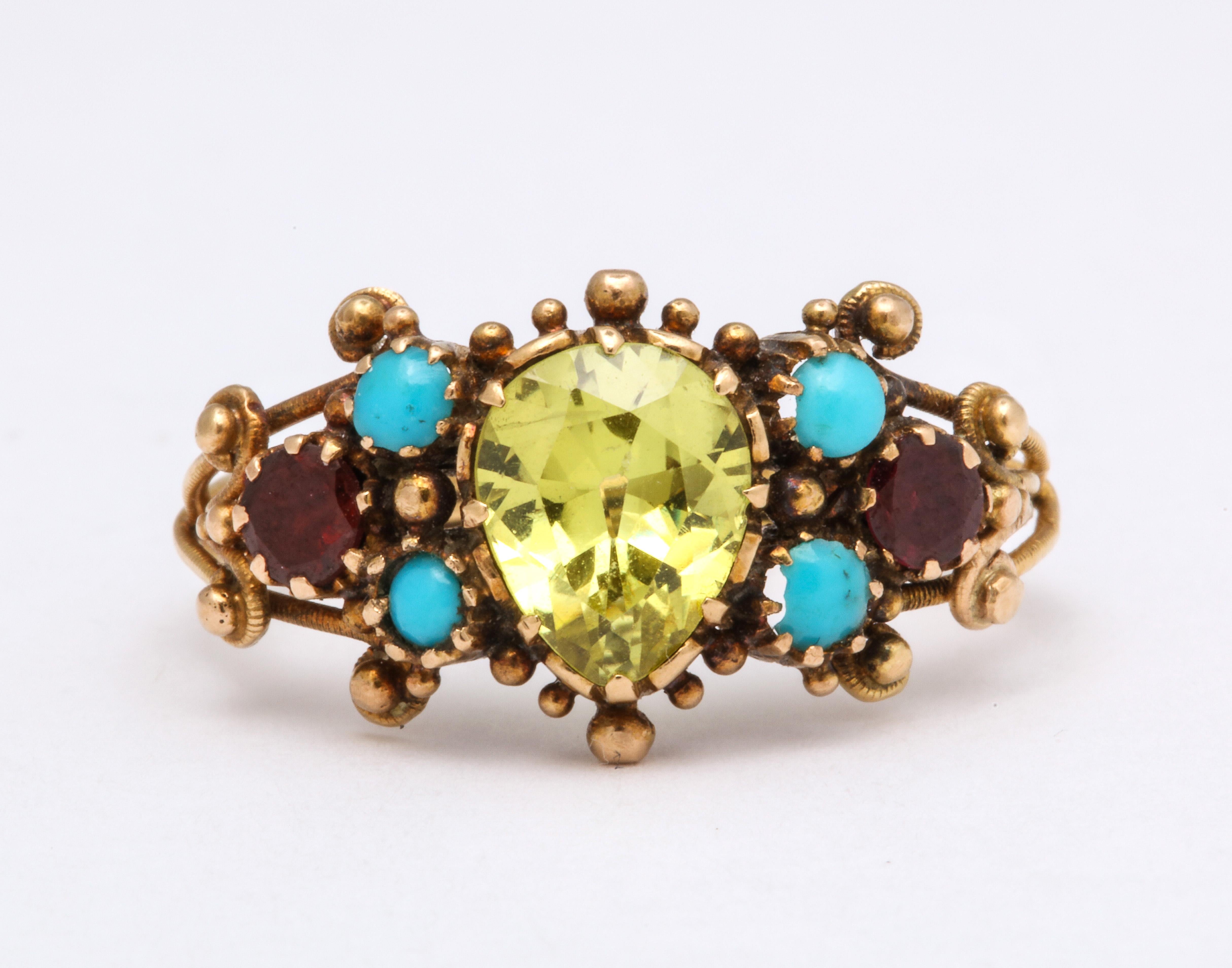 Chrysoberyl, Turquoise, and Garnet English Georgian Ring In Excellent Condition In New York, NY