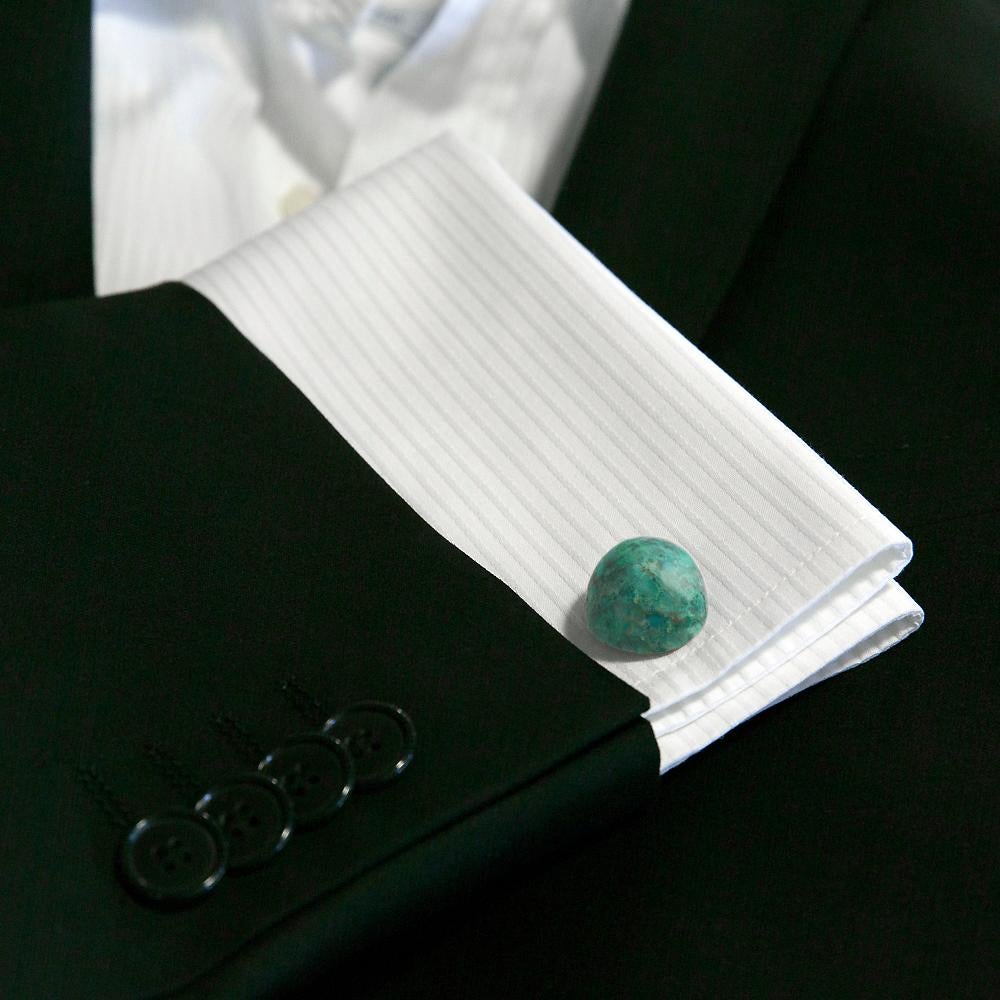 Contemporary Gemstone Cufflinks, Cabochon of Green Chrysocolla set in Sterling Silver For Sale