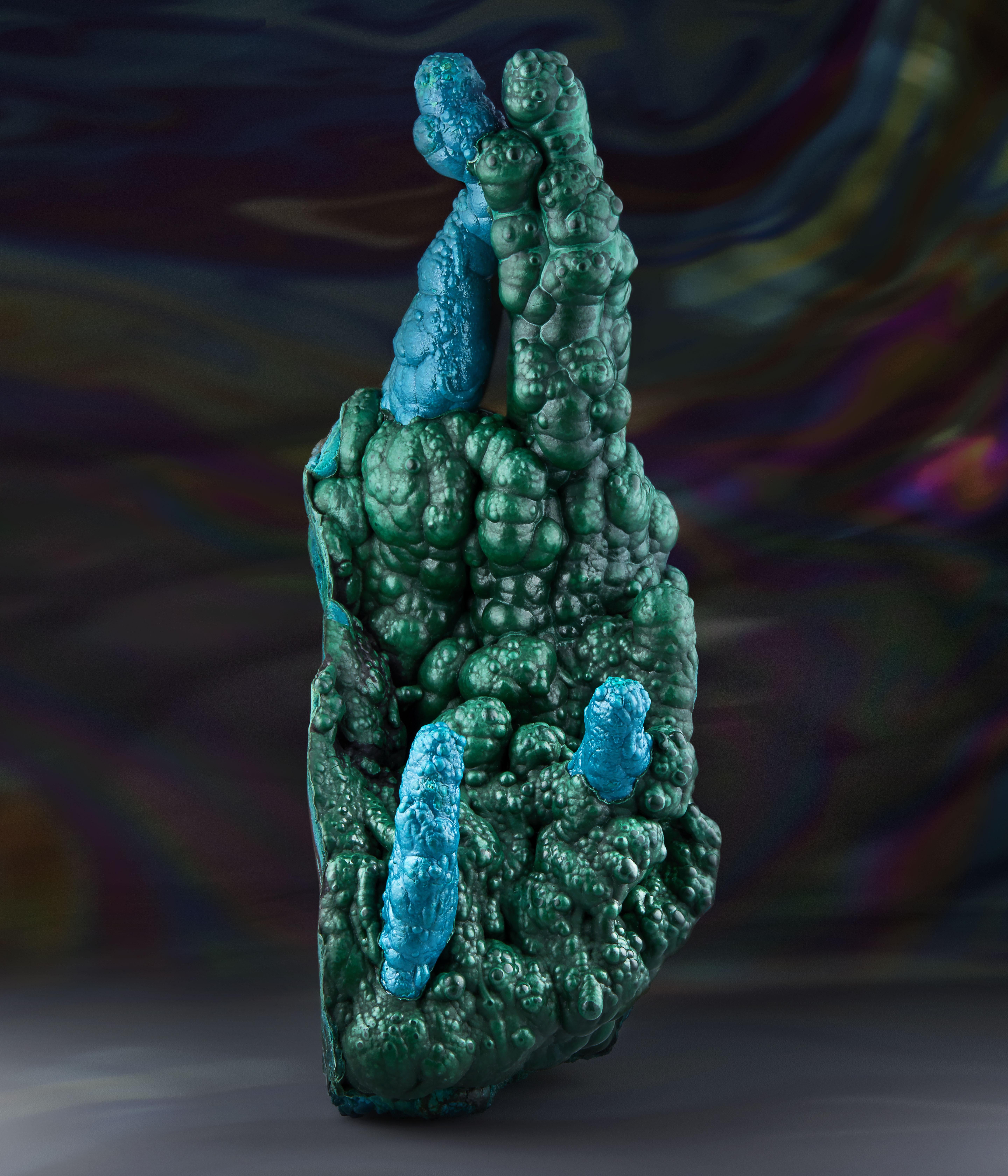 Stalactites of chrysocolla and malachite are highly sought-after. This example is among the finest known. The alternating colors are unique. The bright blue growing parallel with shiny malachite takes this stalactite and places it in a class unto