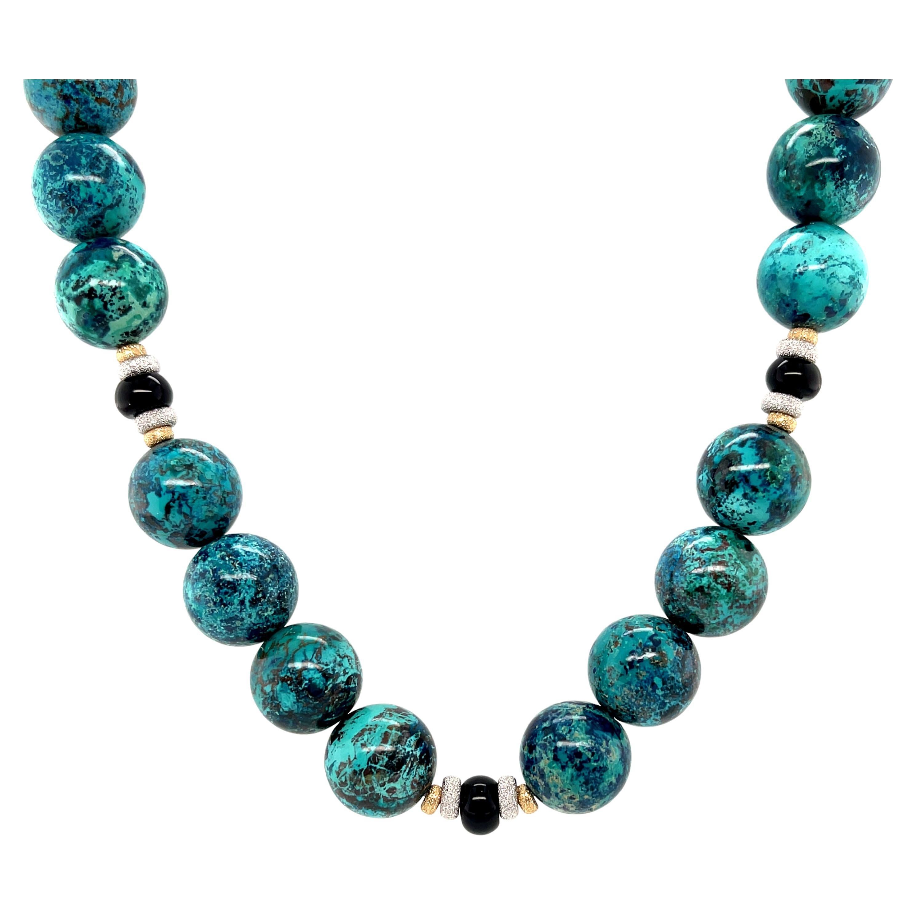 Chrysocolla and Onyx Beaded Necklace with 18k Yellow and White Gold Accents