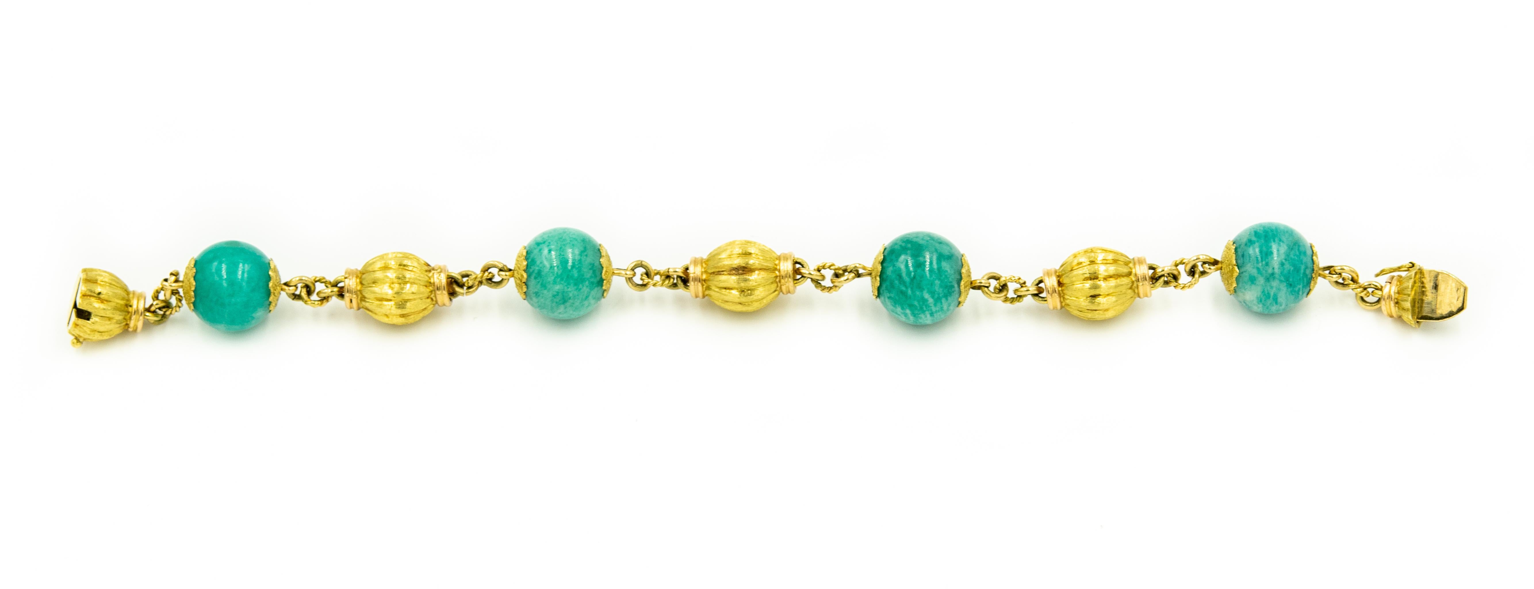 Women's Chrysocolla Fluted Gold Bead Yellow Gold Bracelet For Sale