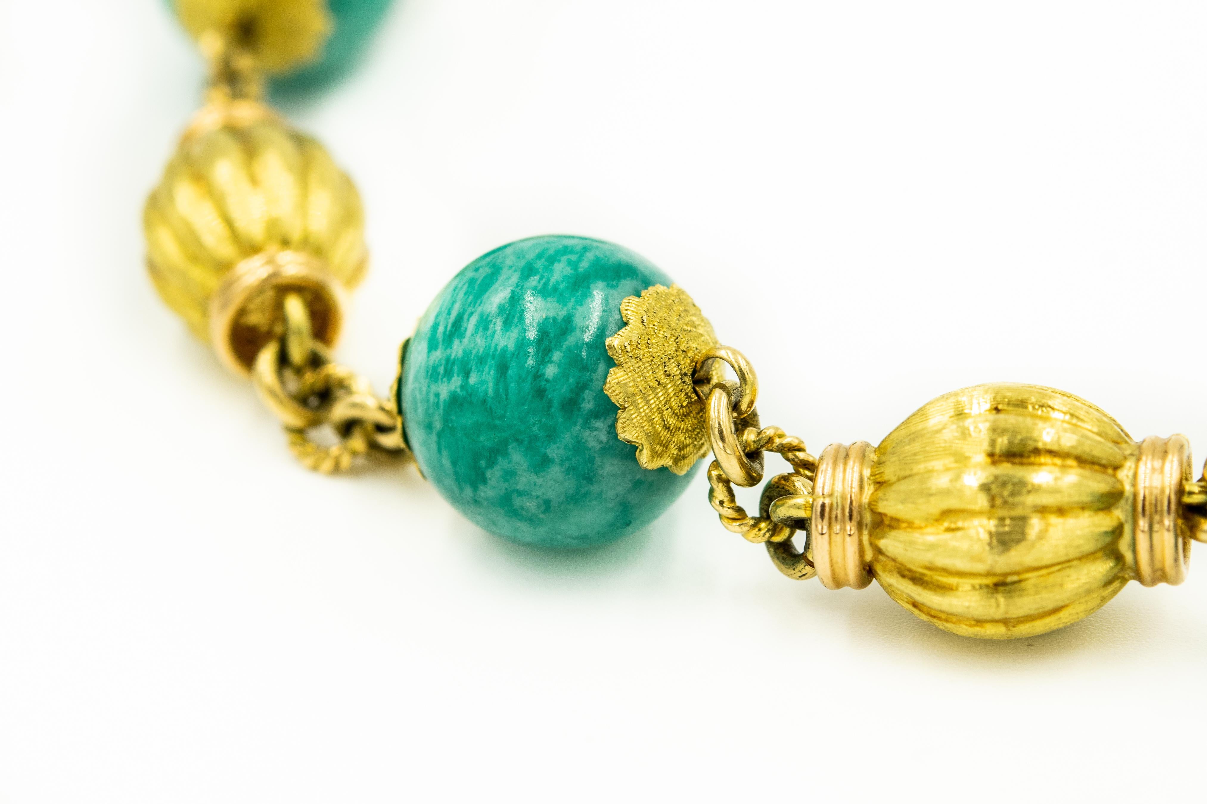 Chrysocolla Fluted Gold Bead Yellow Gold Bracelet For Sale 2