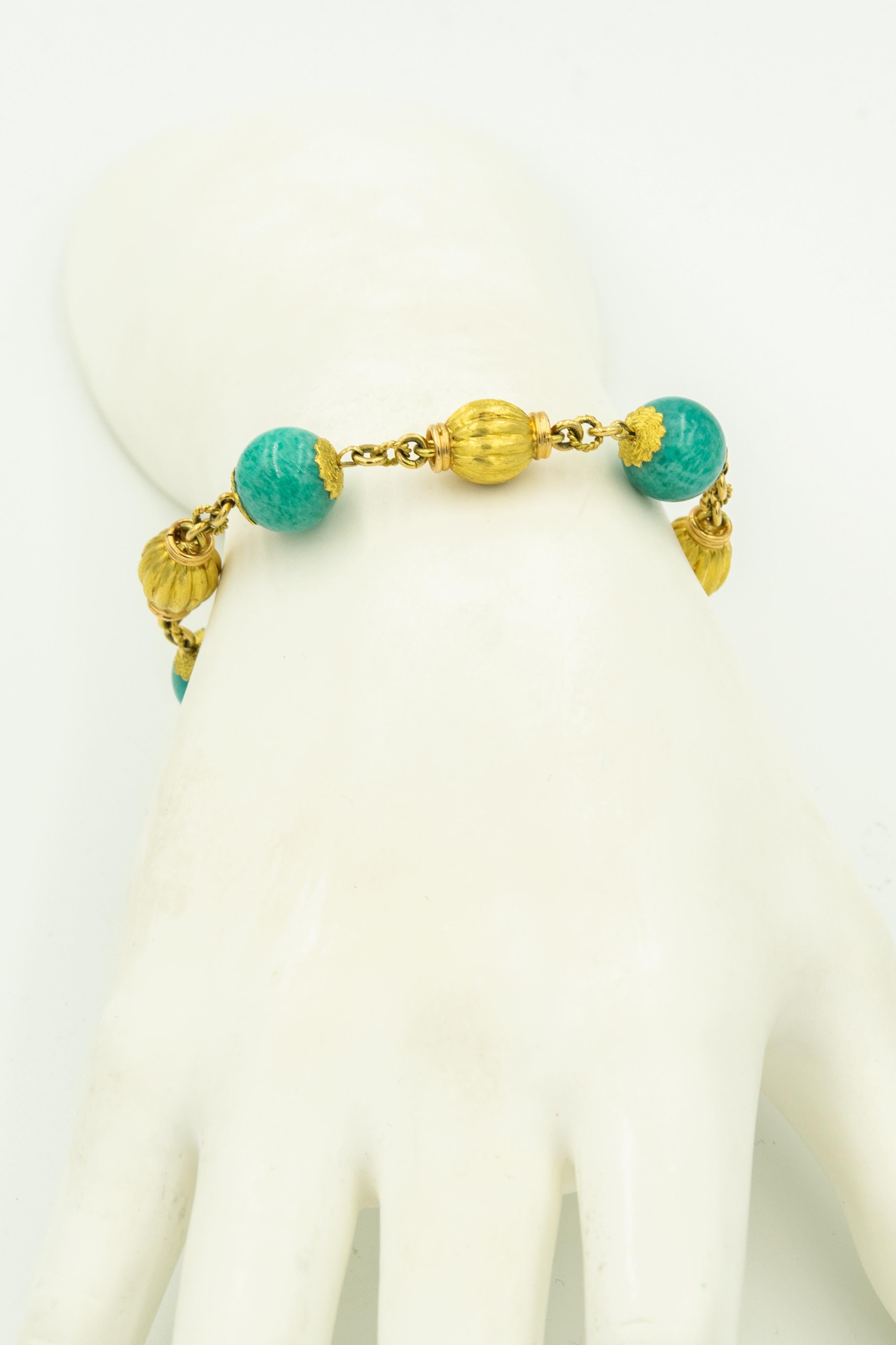 Chrysocolla Fluted Gold Bead Yellow Gold Bracelet For Sale 4