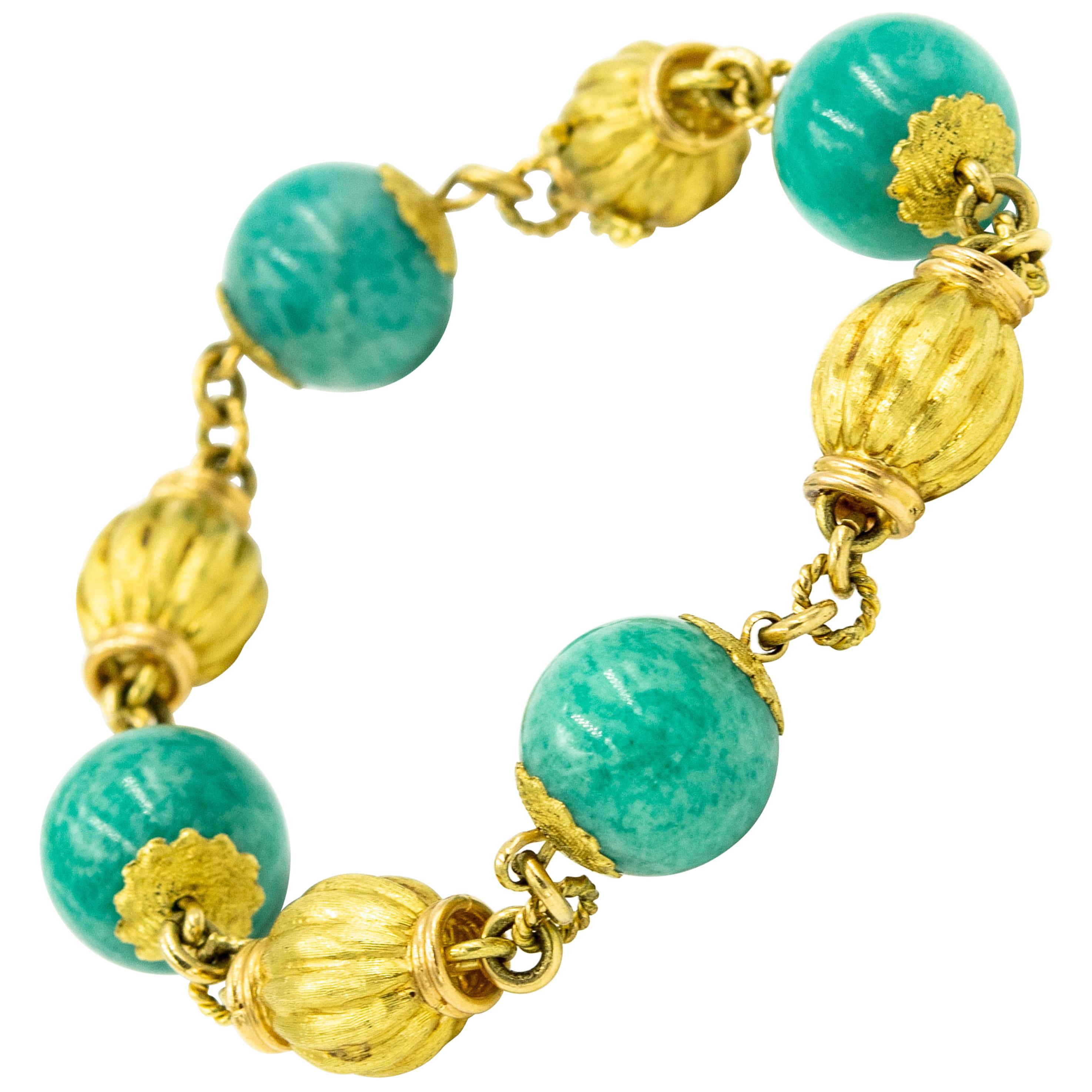 Chrysocolla Fluted Gold Bead Yellow Gold Bracelet For Sale