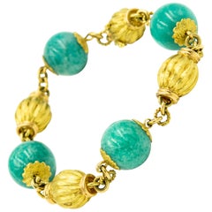 Chrysocolla Fluted Gold Bead Yellow Gold Bracelet
