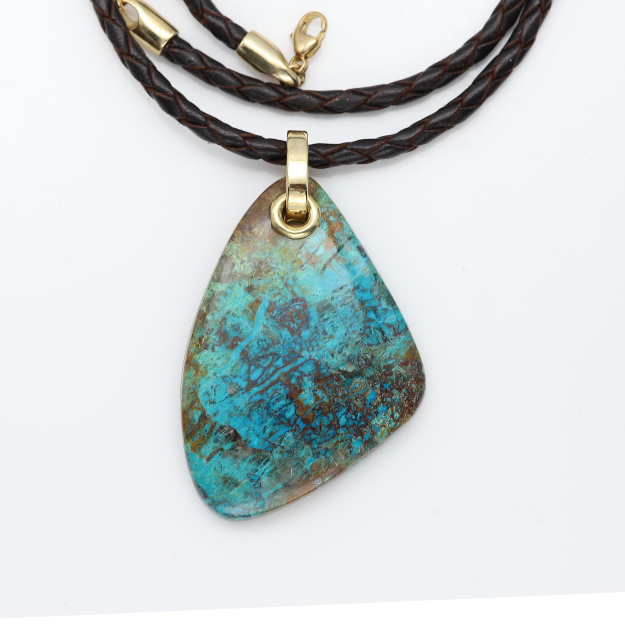 Chrysocolla Natural Stone Necklace 14 Karat Yellow Gold & Leather For Sale 3