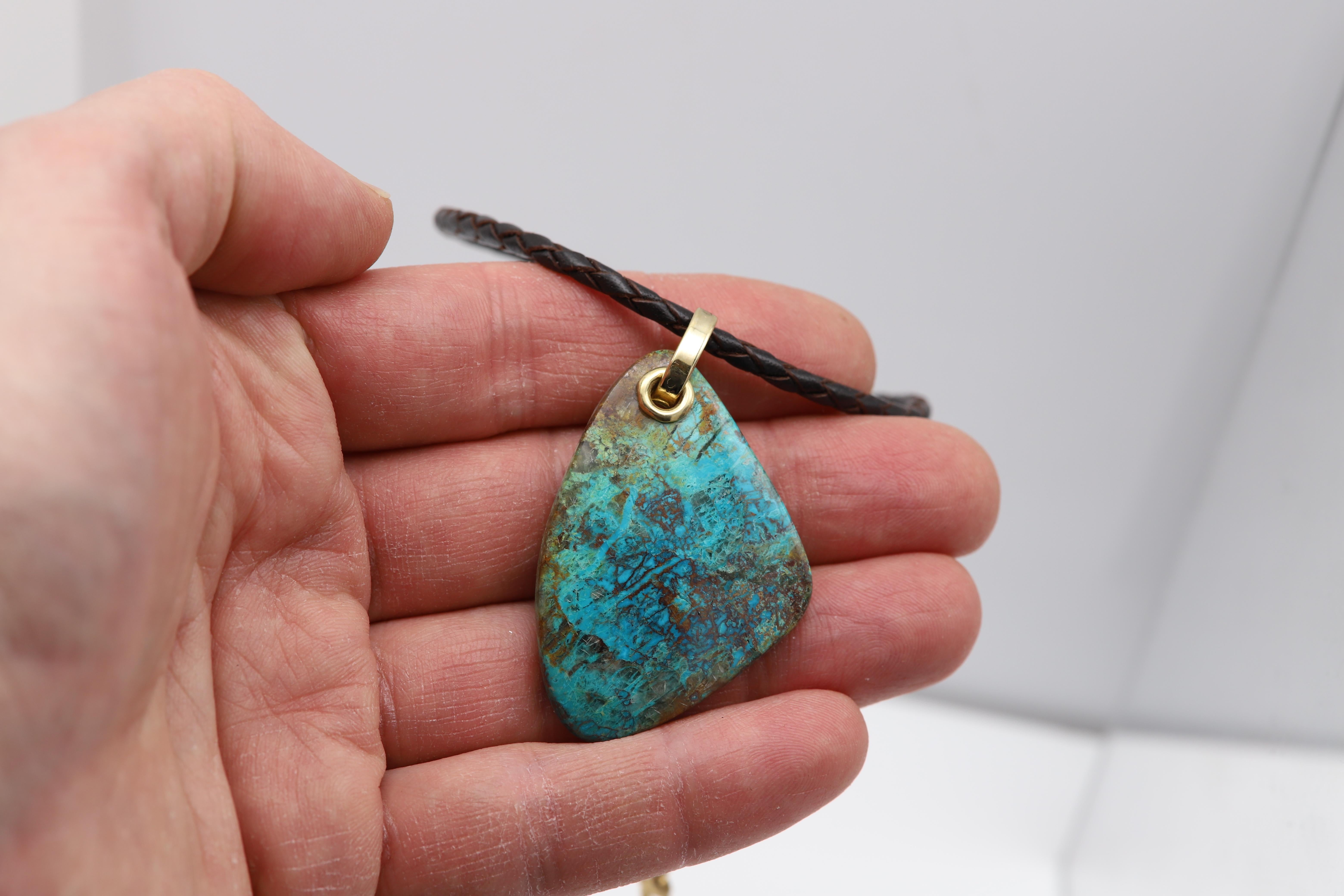 Tumbled Chrysocolla Natural Stone Necklace 14 Karat Yellow Gold & Leather For Sale