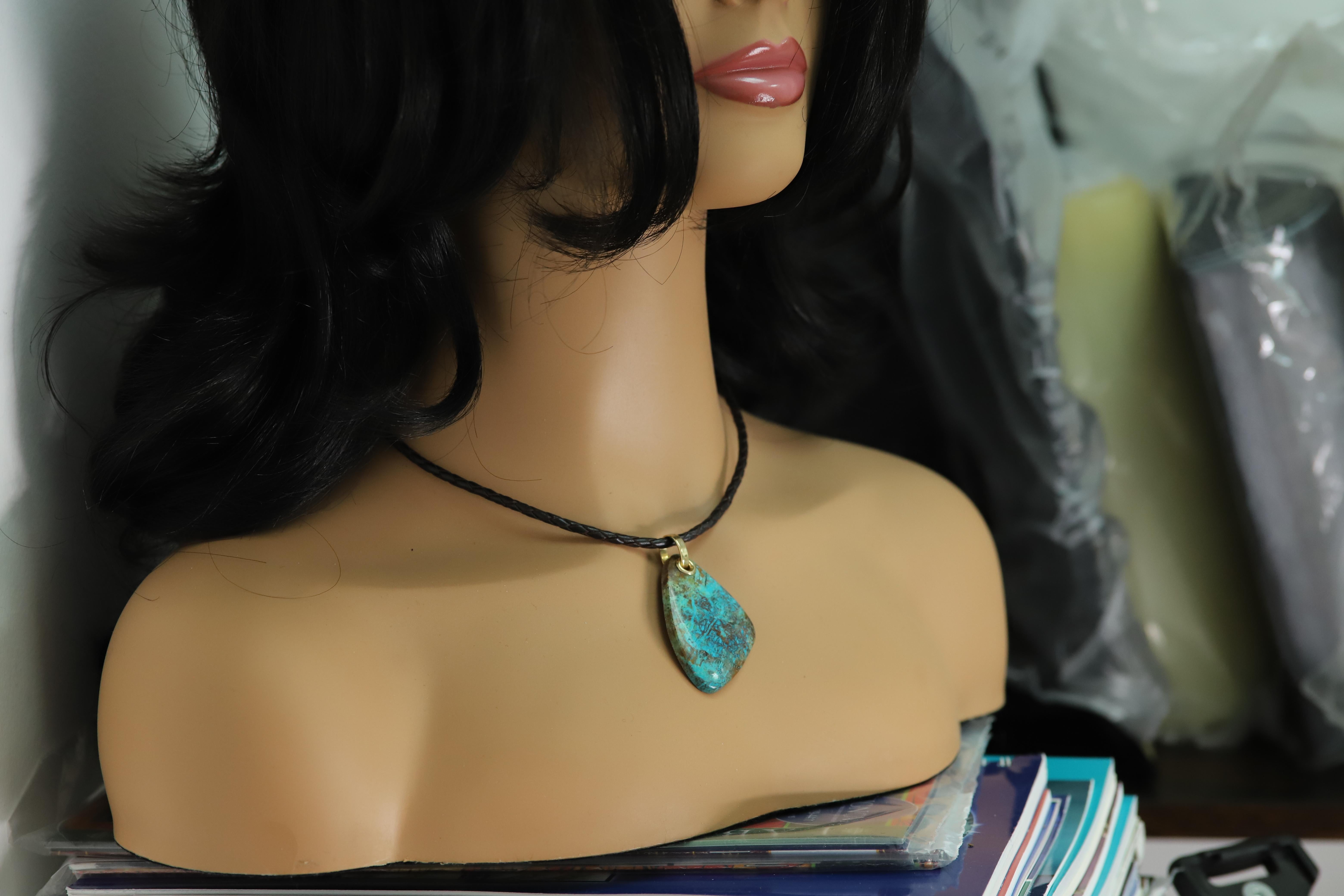 Chrysocolla Natural Stone Necklace 14 Karat Yellow Gold & Leather For Sale 5