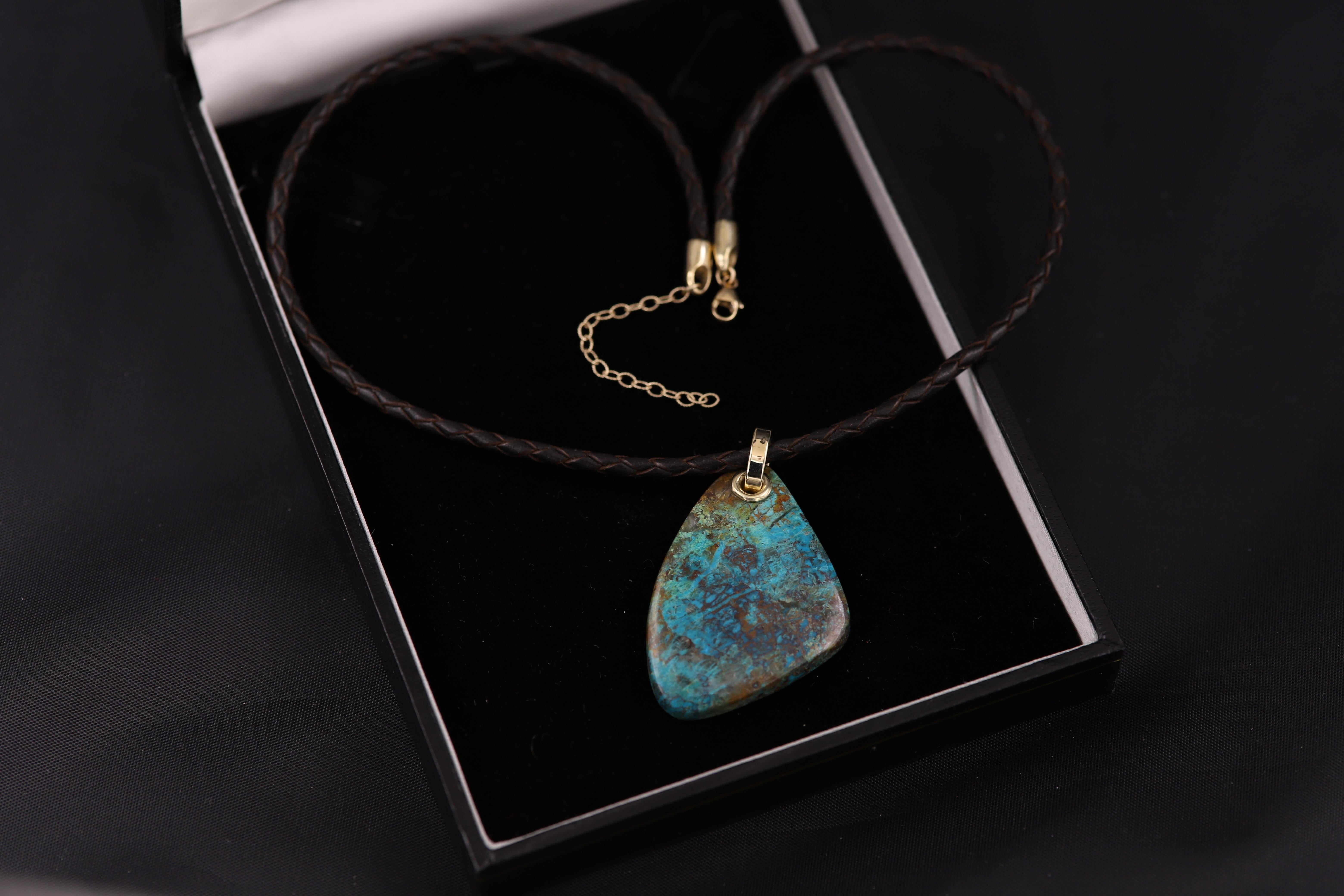 Tumbled Chrysocolla Natural Stone Necklace 14 Karat Yellow Gold & Leather For Sale