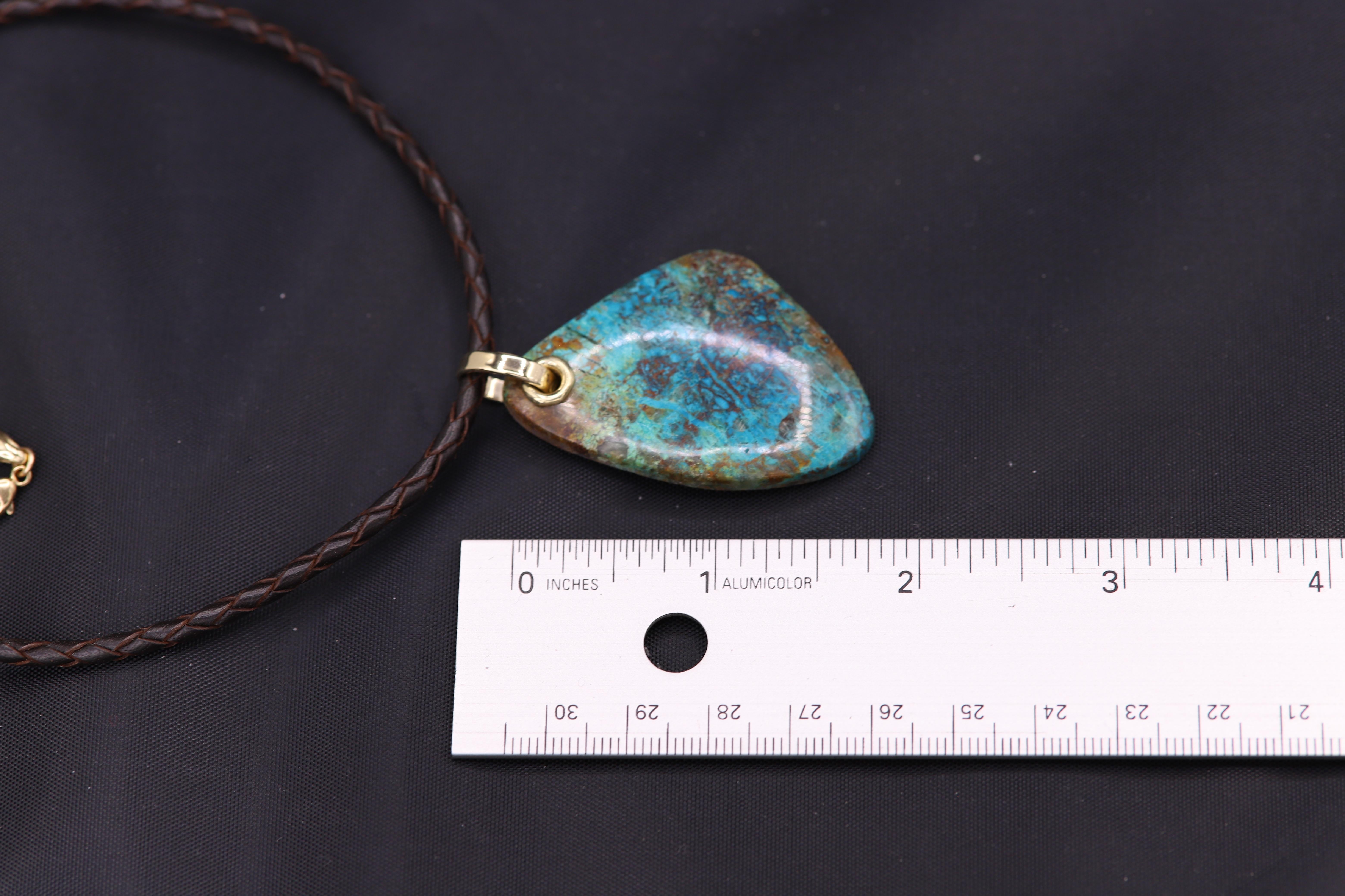 Women's or Men's Chrysocolla Natural Stone Necklace 14 Karat Yellow Gold & Leather For Sale