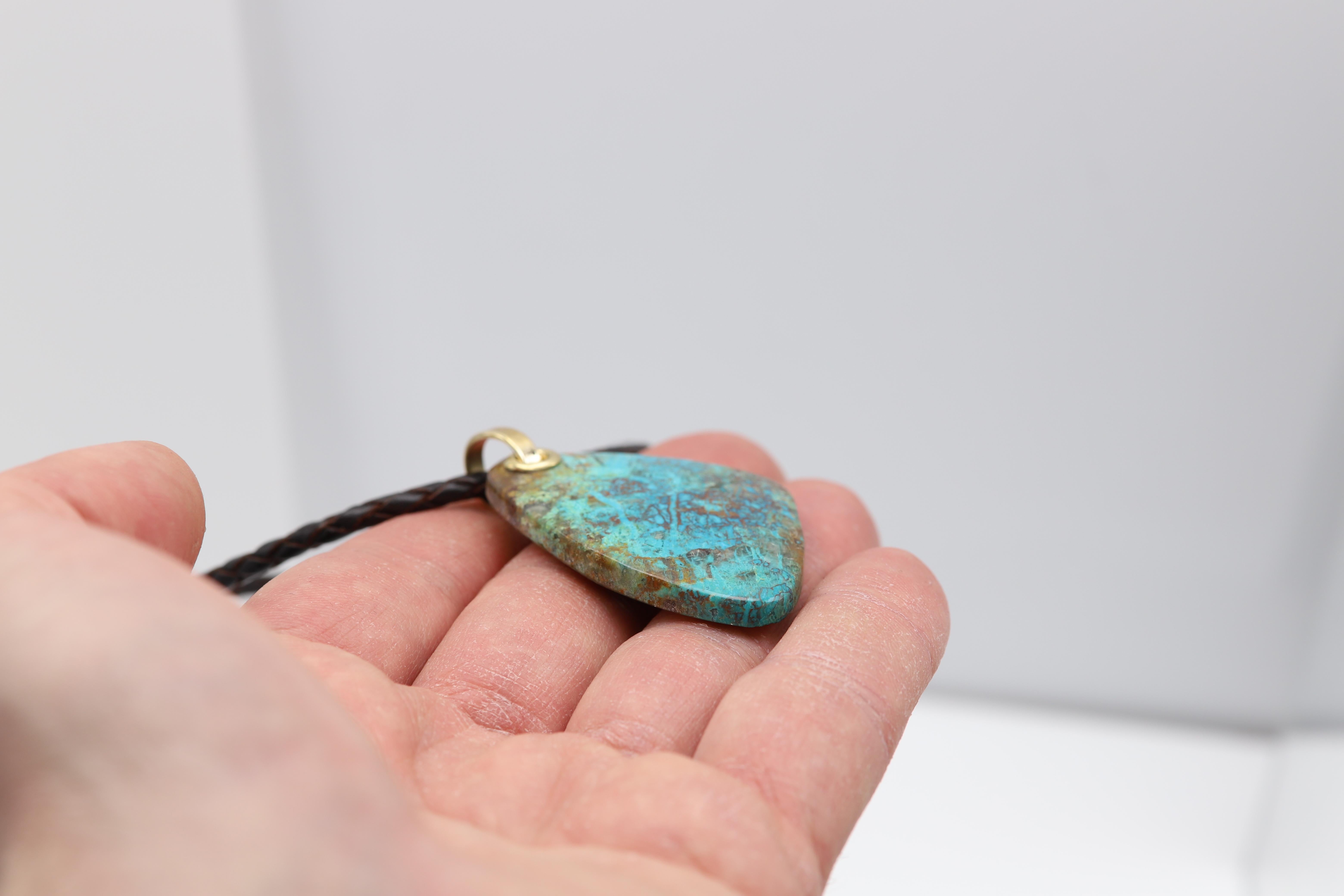 Chrysocolla Natural Stone Necklace 14 Karat Yellow Gold & Leather For Sale 2