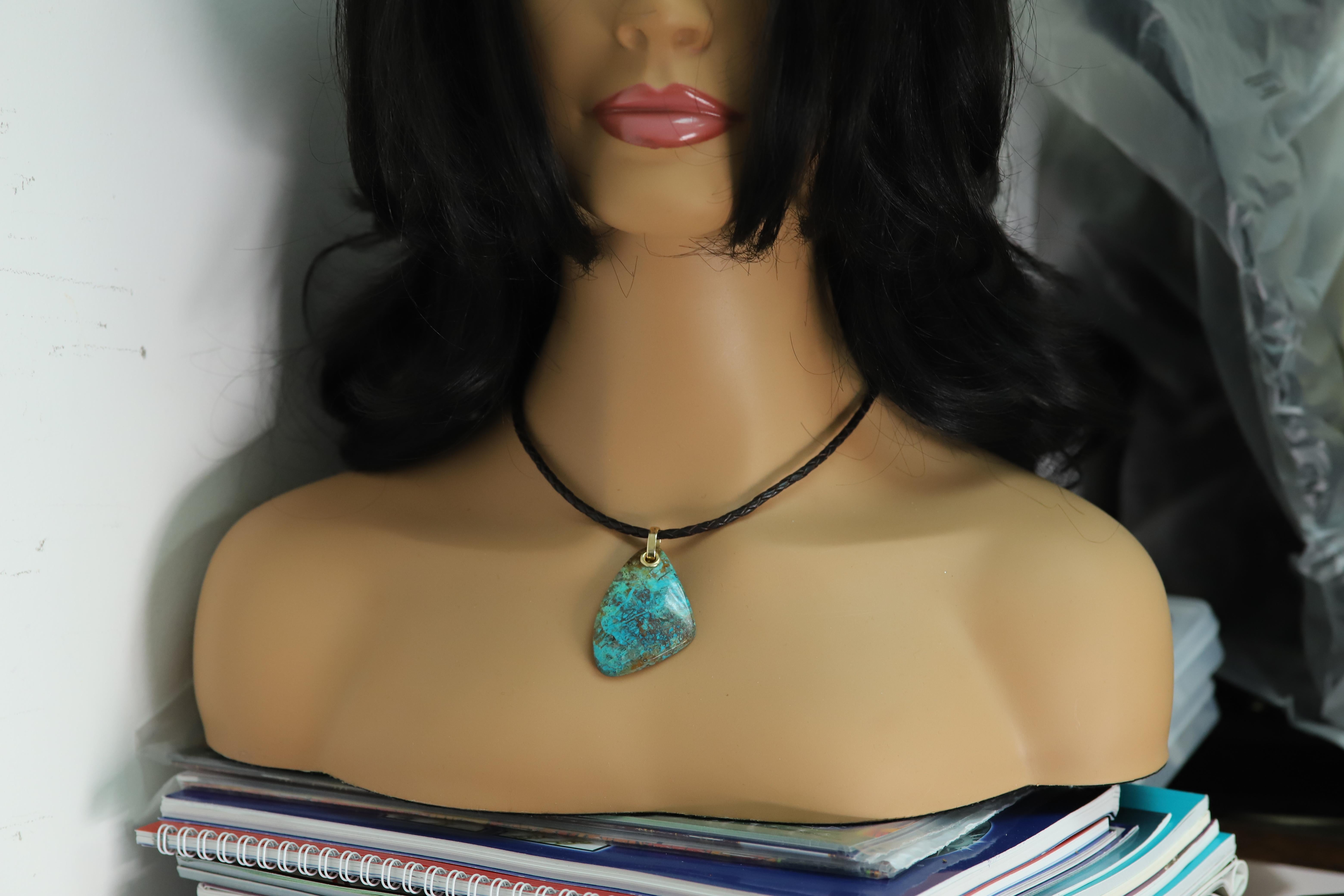 Chrysocolla Natural Stone Necklace 14 Karat Yellow Gold & Leather For Sale 4