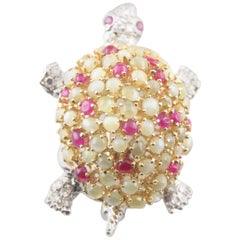 Chrysolberyl, Ruby, and Diamond White Gold Turtle Brooch 0.42 Carat Diamonds