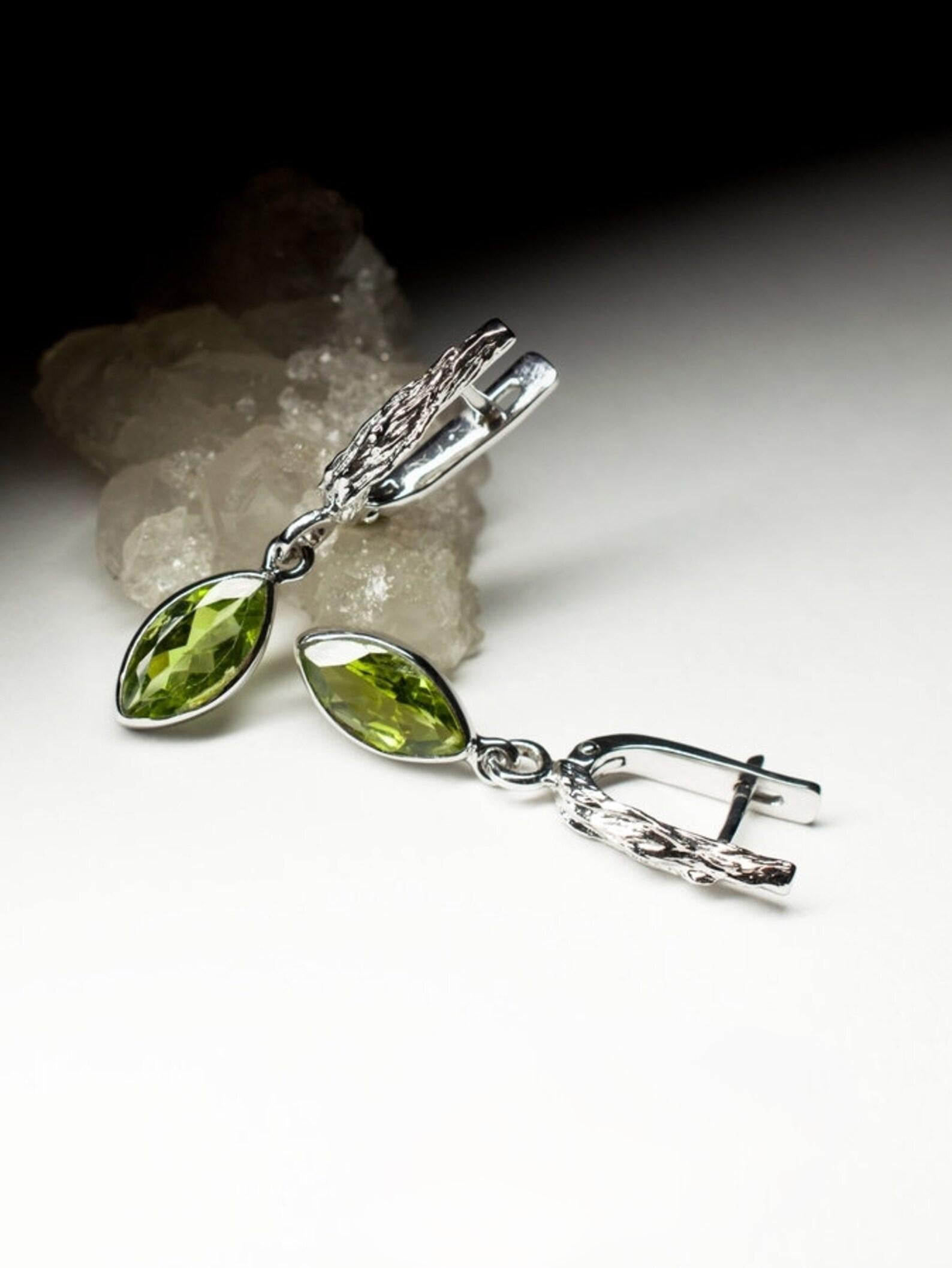 Artisan Chrysolite Silver Earrings Marquise Peridot Olive Green Leaf Gemstone For Sale