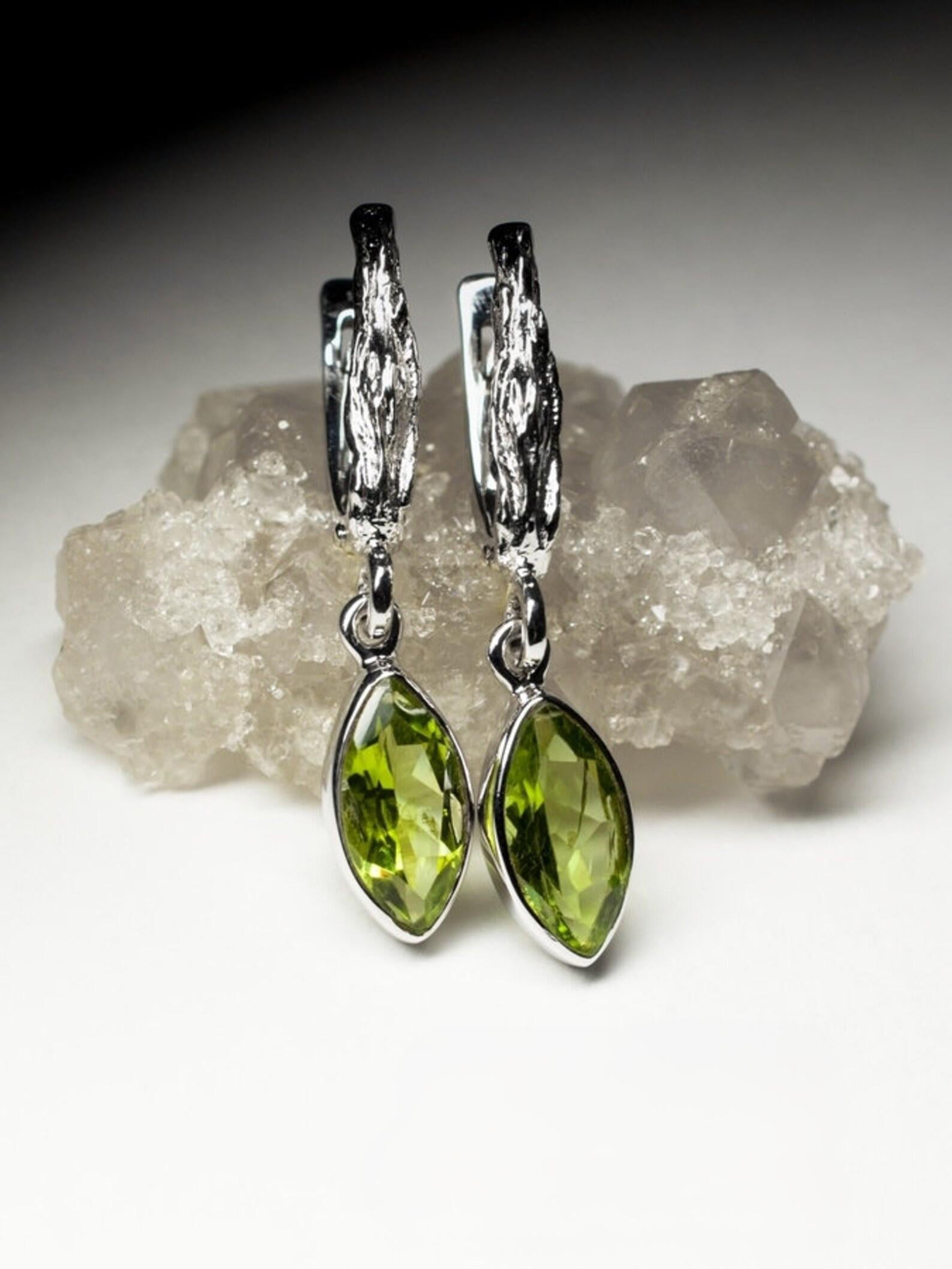 Chrysolite Silver Earrings Marquise Peridot Olive Green Leaf Gemstone For Sale 1