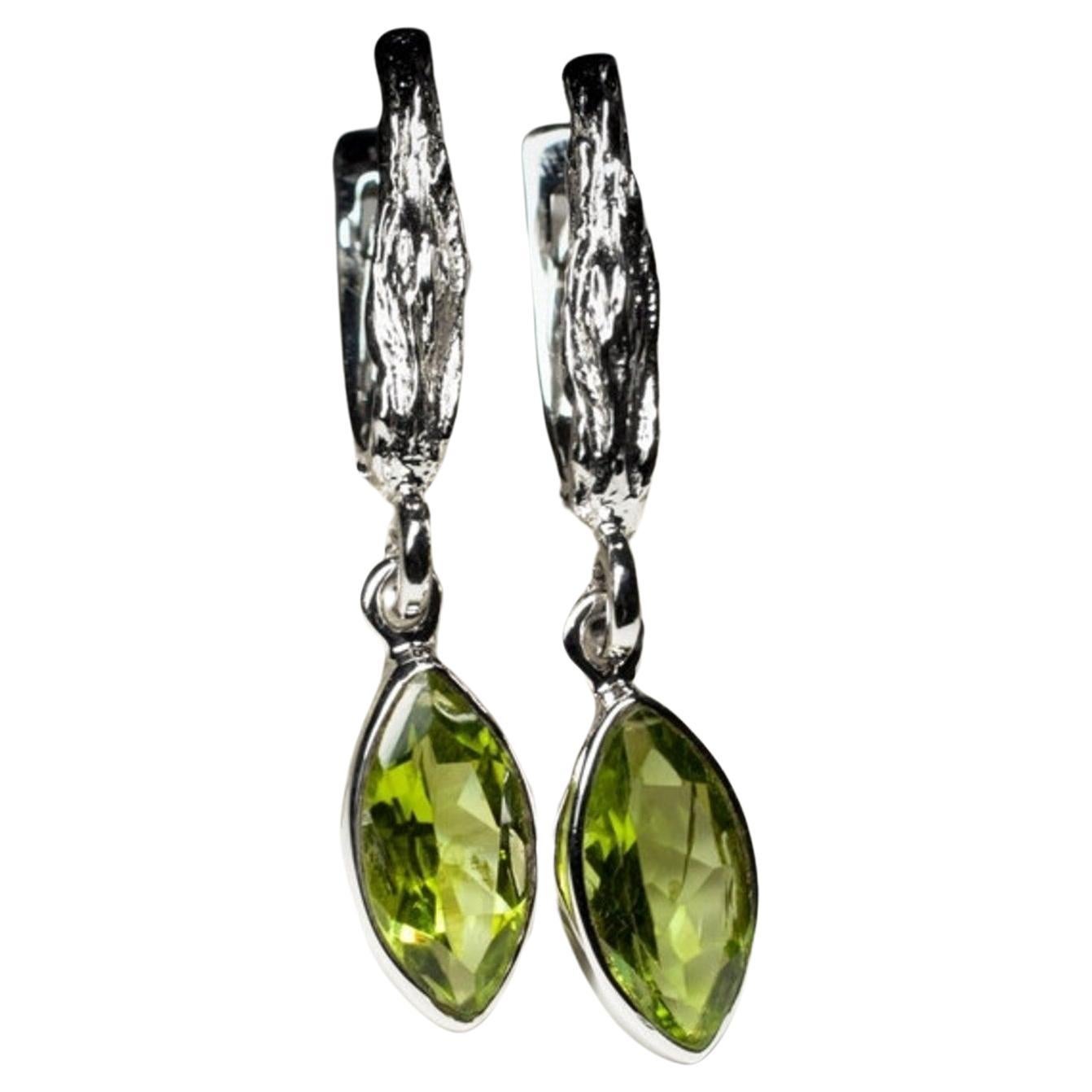 Chrysolite Silver Earrings Marquise Peridot Olive Green Leaf Gemstone For Sale