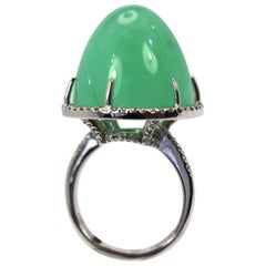 Chrysophase Bullet Ring 14 Karat White Gold 34 Carat Diamond Surround