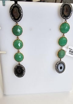 Pendants d'oreilles à 4 niveaux Chrysophase & Sliced Geode en or et argent 18 carats