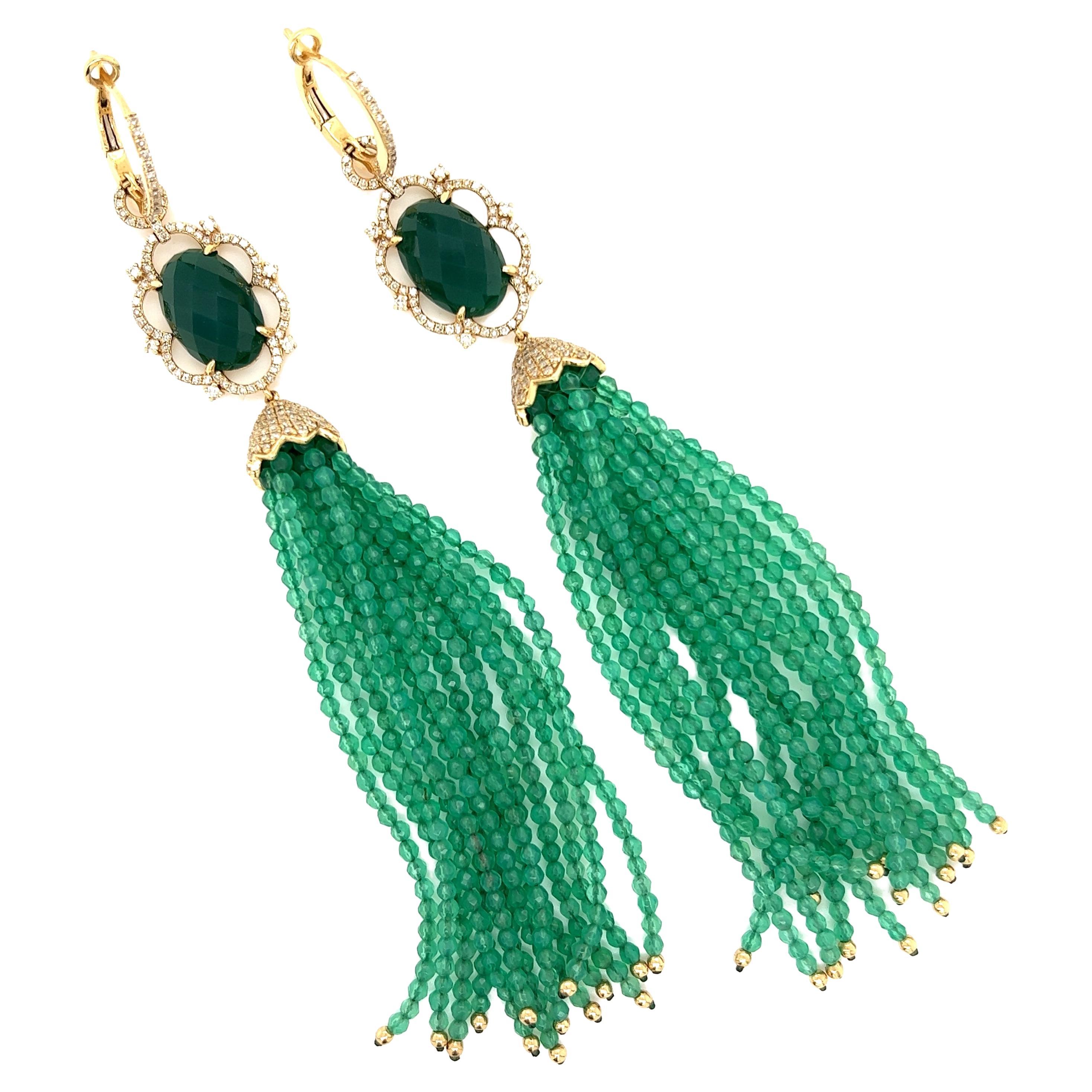 Chrysophrase and Diamond Vintage Tassel Drop Earrings Estate Fine Jewelry