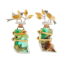 Chrysophrase Bird Earrings with 22 Karat Yellow Gold and Silver