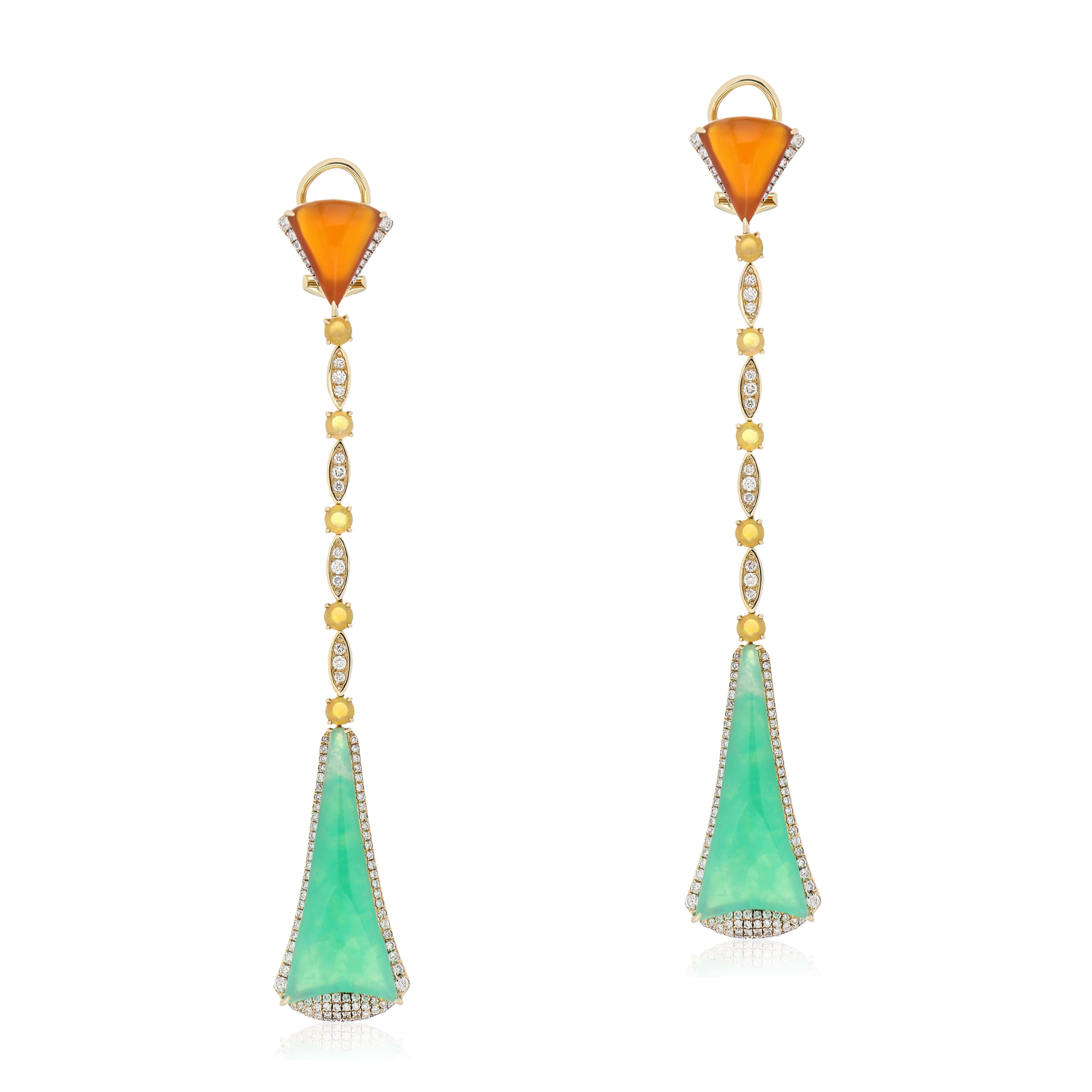 Elegant and exquisitely detailed 14 Karat Yellow Gold Dangle Earring, set with 10.90Cts .Fancy Shape Chrysoprase & 3.40 Cts Carnelian, accented with 0.73 Cts Ethiopian Opal and micro pave set 1.02 Cts Diamonds. Beautifully Hand crafted in 14 Karat