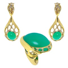 Parure en or jaune 18 carats et diamants champagne Chrysophrase