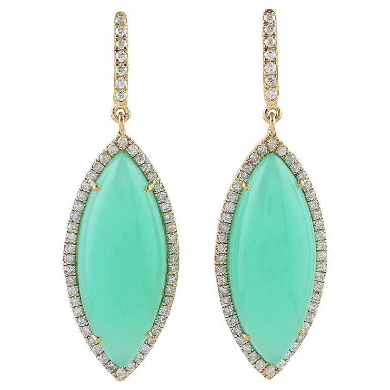 Chrysophrase Diamond 18 Karat Gold Earrings For Sale (Free Shipping) at