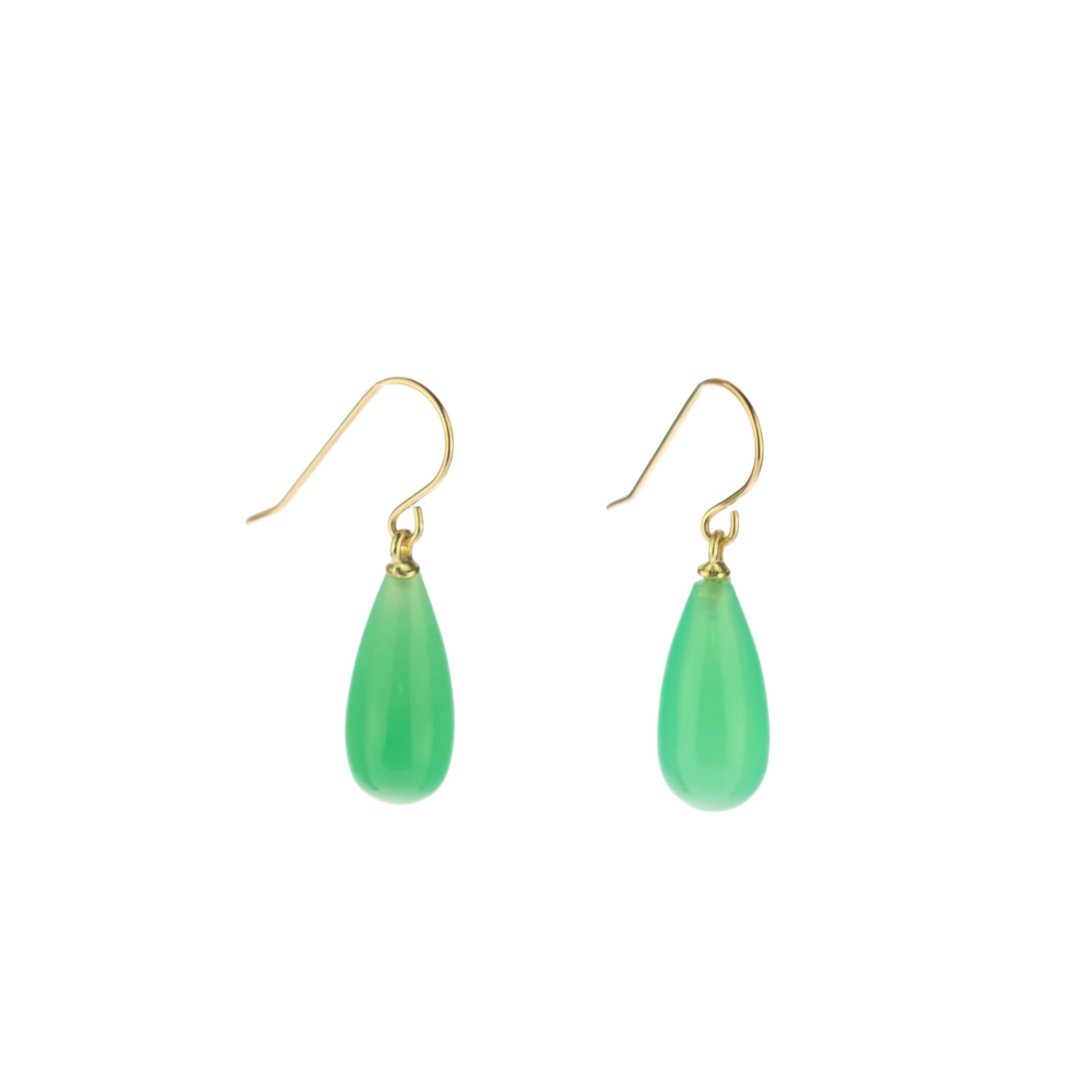 Art Nouveau Chrysophrase Green 18 Karat Gold Pear Tear Drop Dangle Modern Cocktail Earrings For Sale