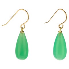 green teardrop earrings Chrysophrase Green 18 Karat Gold Pear Tear Drop Dangle Modern Cocktail Earrings
