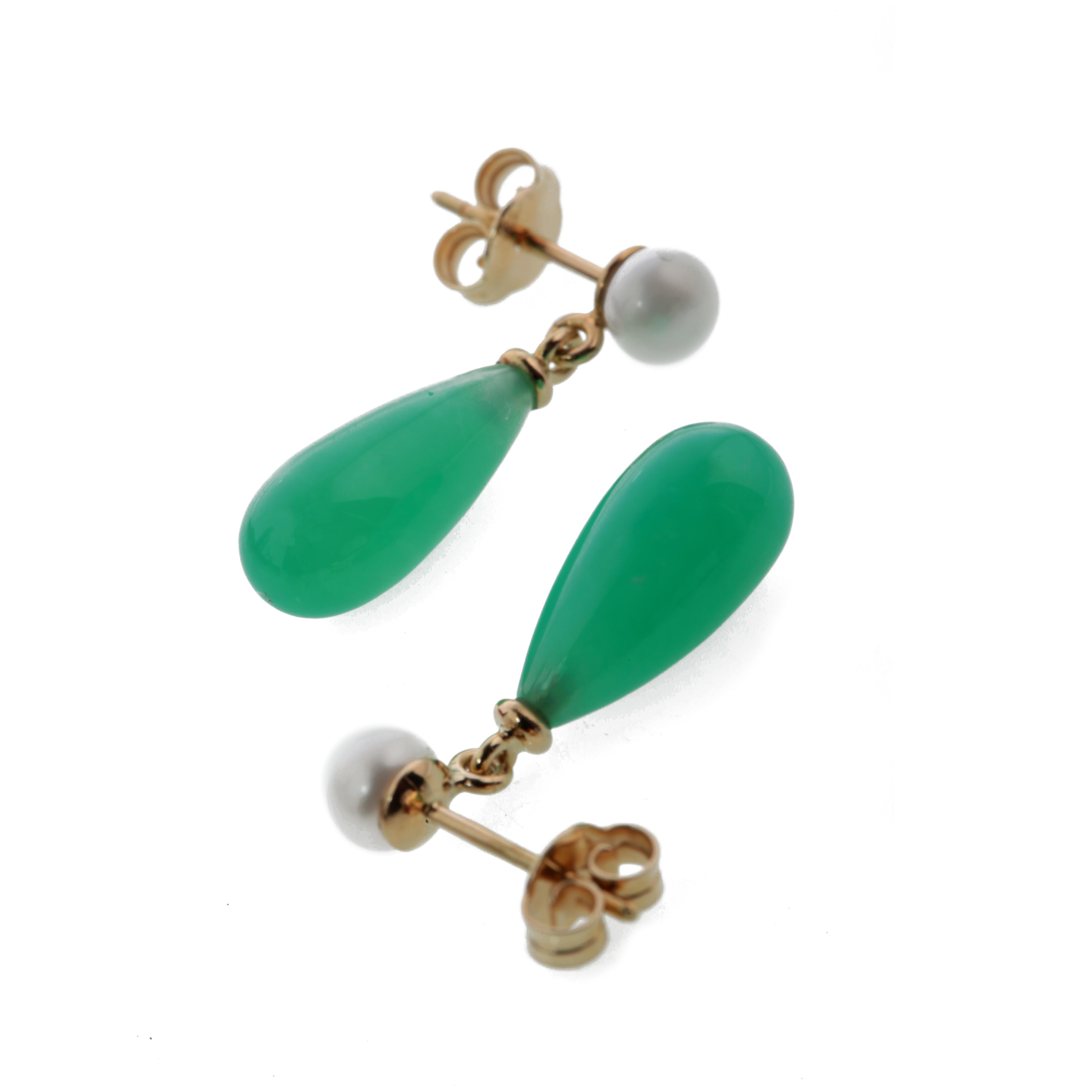 Art Nouveau Chrysophrase Green 18 Karat Gold Pearl Tear Drop Modern Cocktail Chic Earrings For Sale