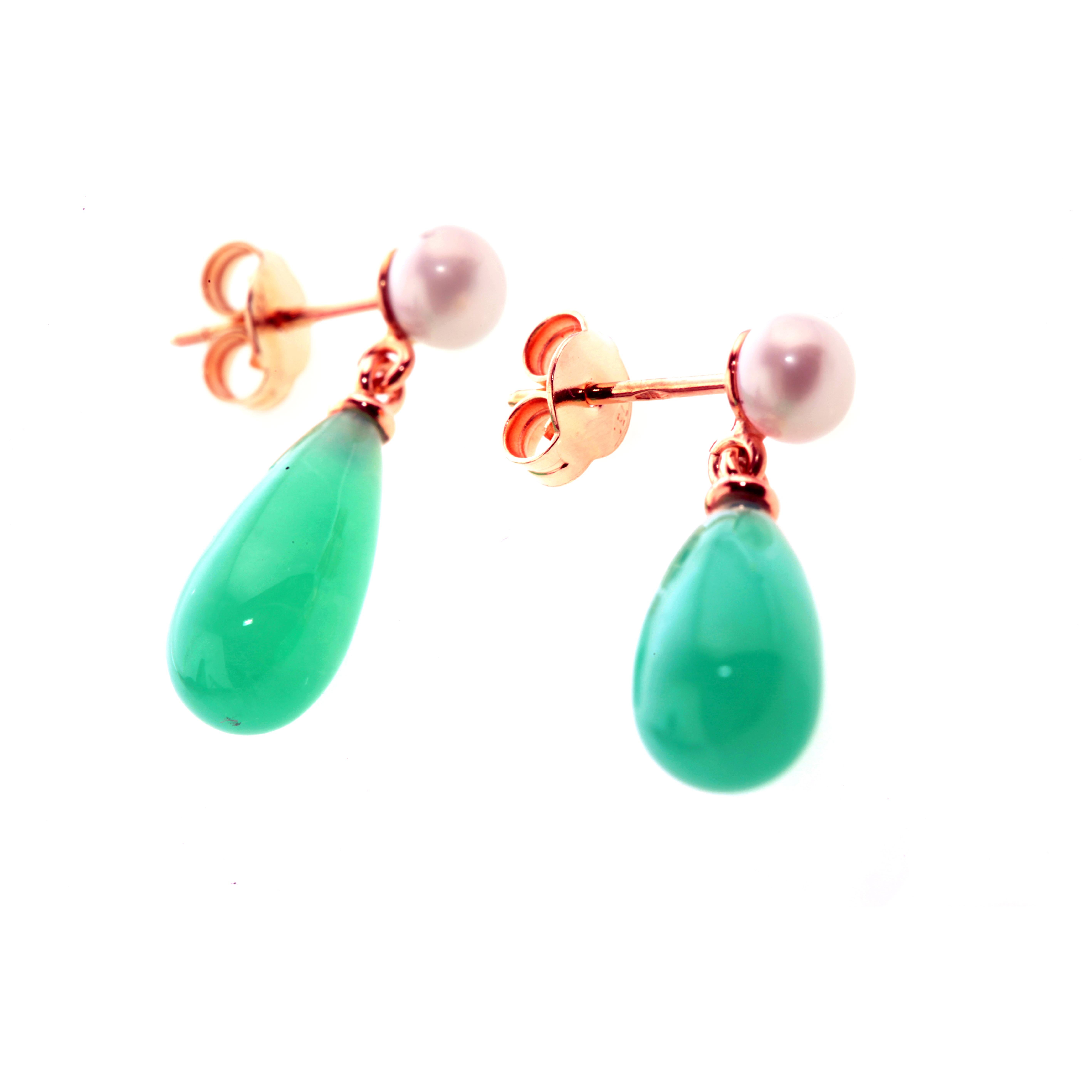 Pear Cut Chrysophrase Green 18 Karat Gold Pearl Tear Drop Modern Cocktail Chic Earrings For Sale