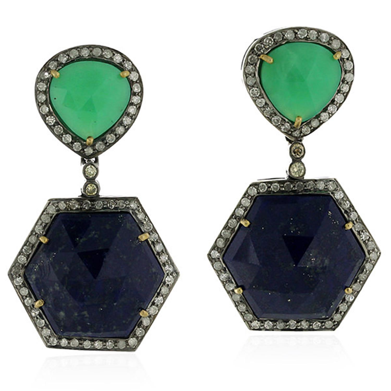 Rose Cut Chrysophrase Lapis Diamond Earrings For Sale