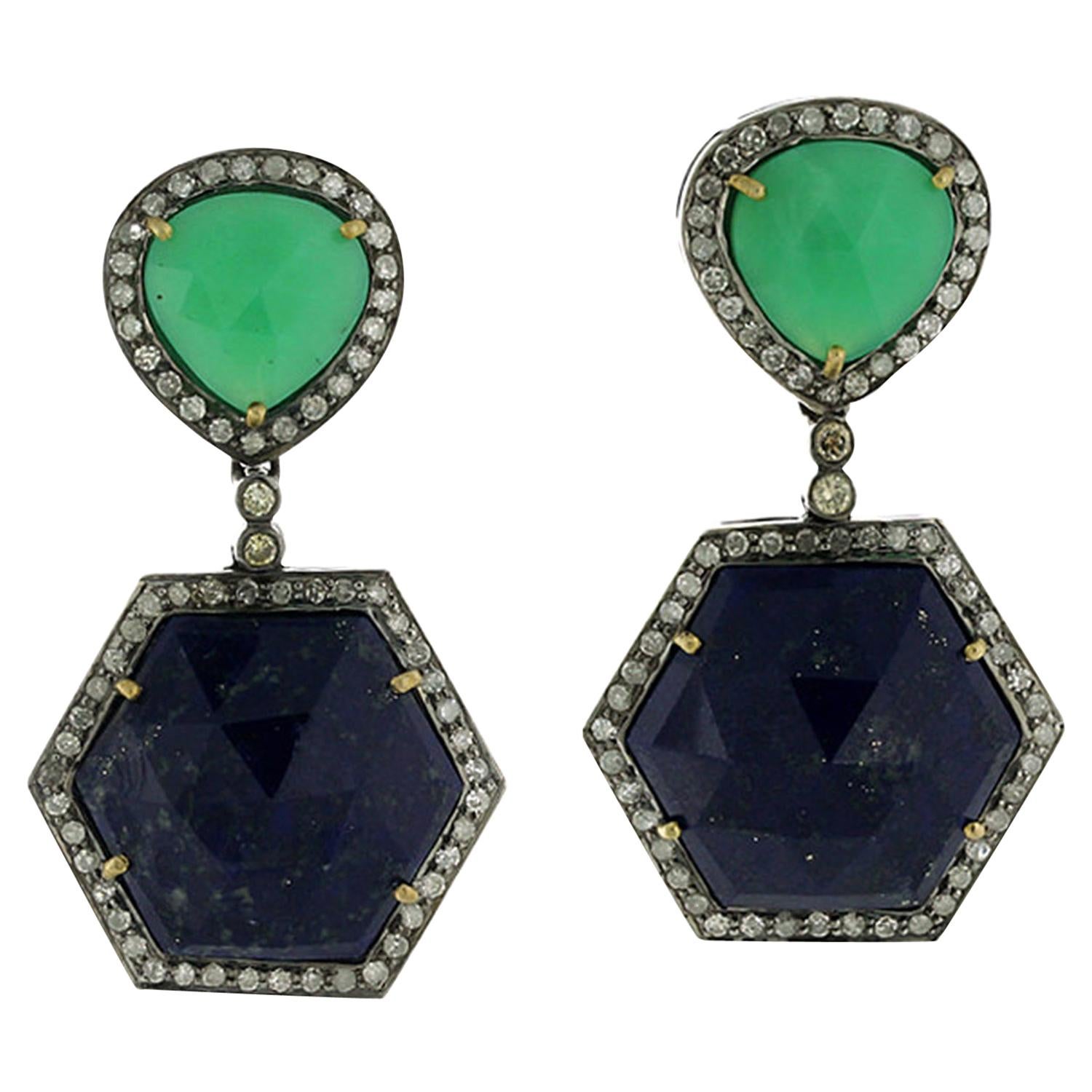 Chrysophrase Lapis Diamond Earrings