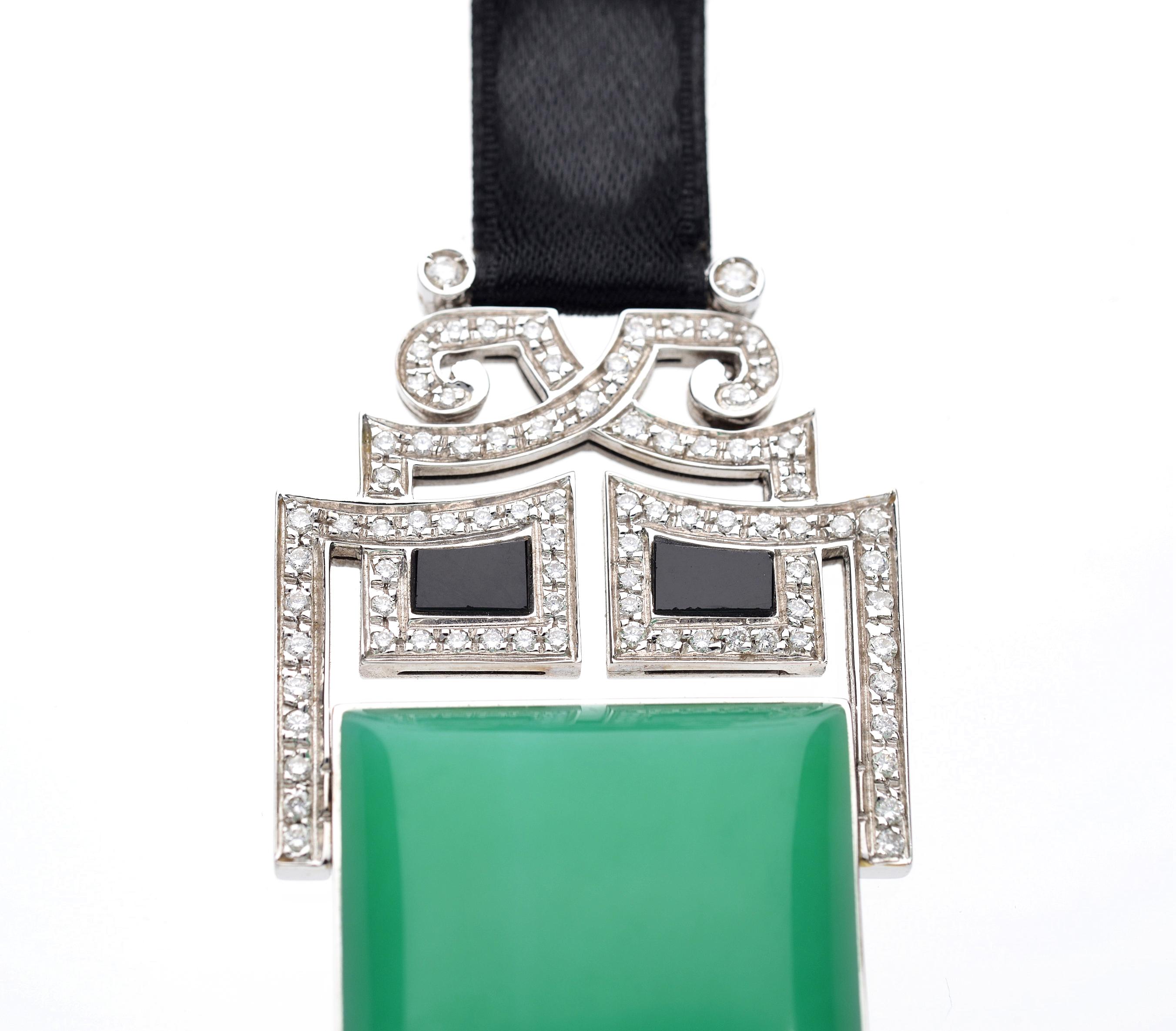 Brilliant Cut Art Deco Style Pendant Necklace with Chrysophase, Diamonds and Onyx. For Sale