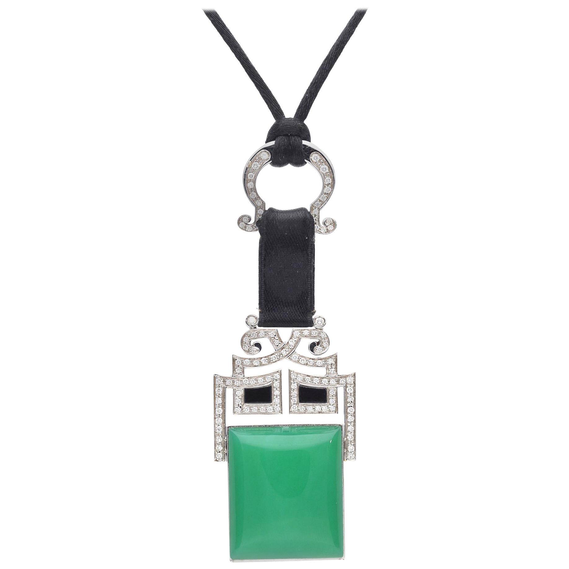 Art Deco Style Pendant Necklace with Chrysophase, Diamonds and Onyx.