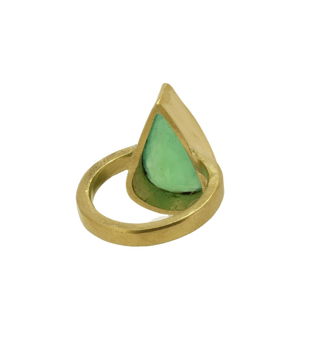 This 5.88 carat pear shape translucent chrysoprase is from Australia.  This ring is a one-of-a-kind & hand fabricated using 18K recycled gold.  Size 6. Although it's a 'cocktail' ring, it is also great for everyday & comfortable to wear.