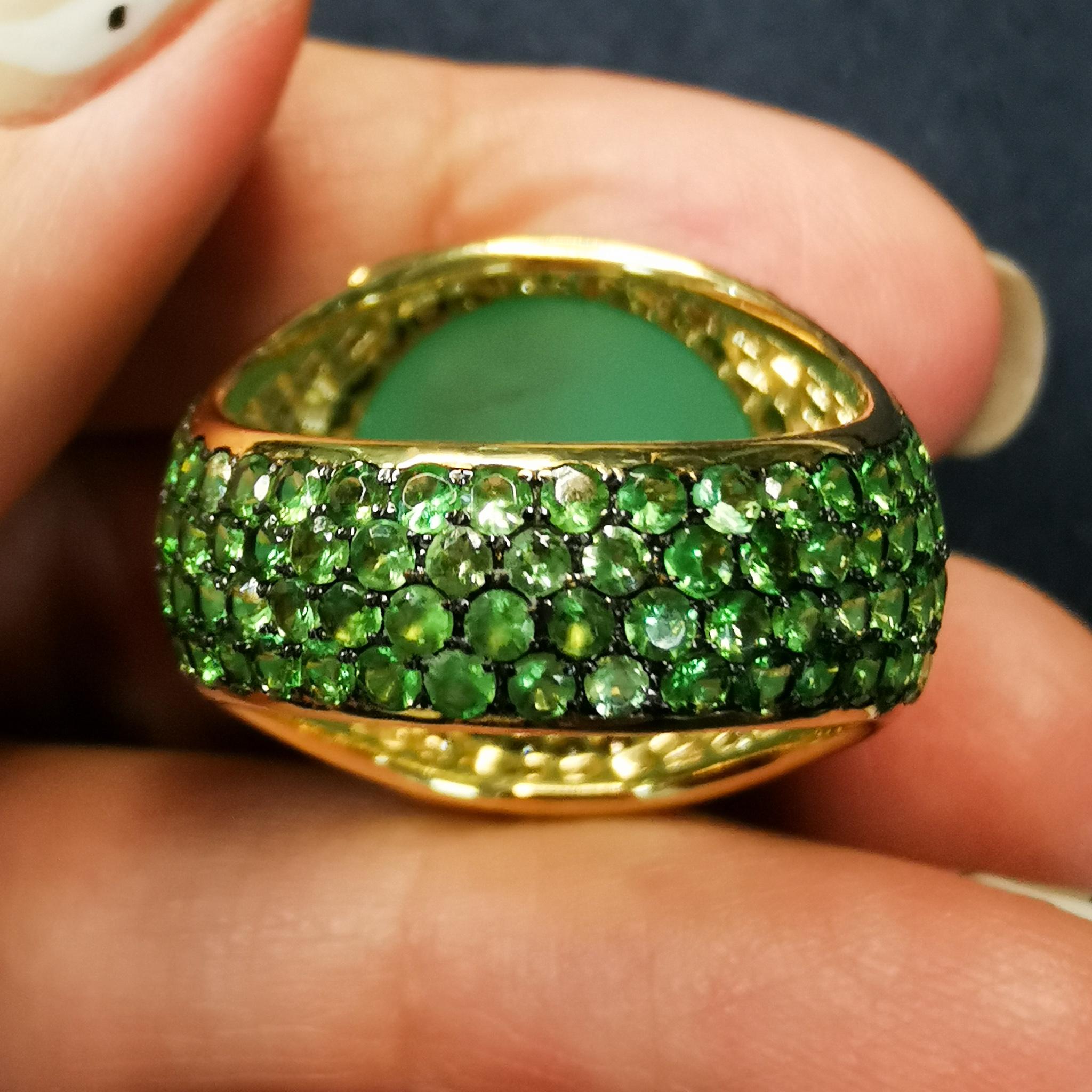 Women's Chrysoprase 21.96 Carat Tsavorites Diamonds 18 Karat Gold Fuji Ring For Sale