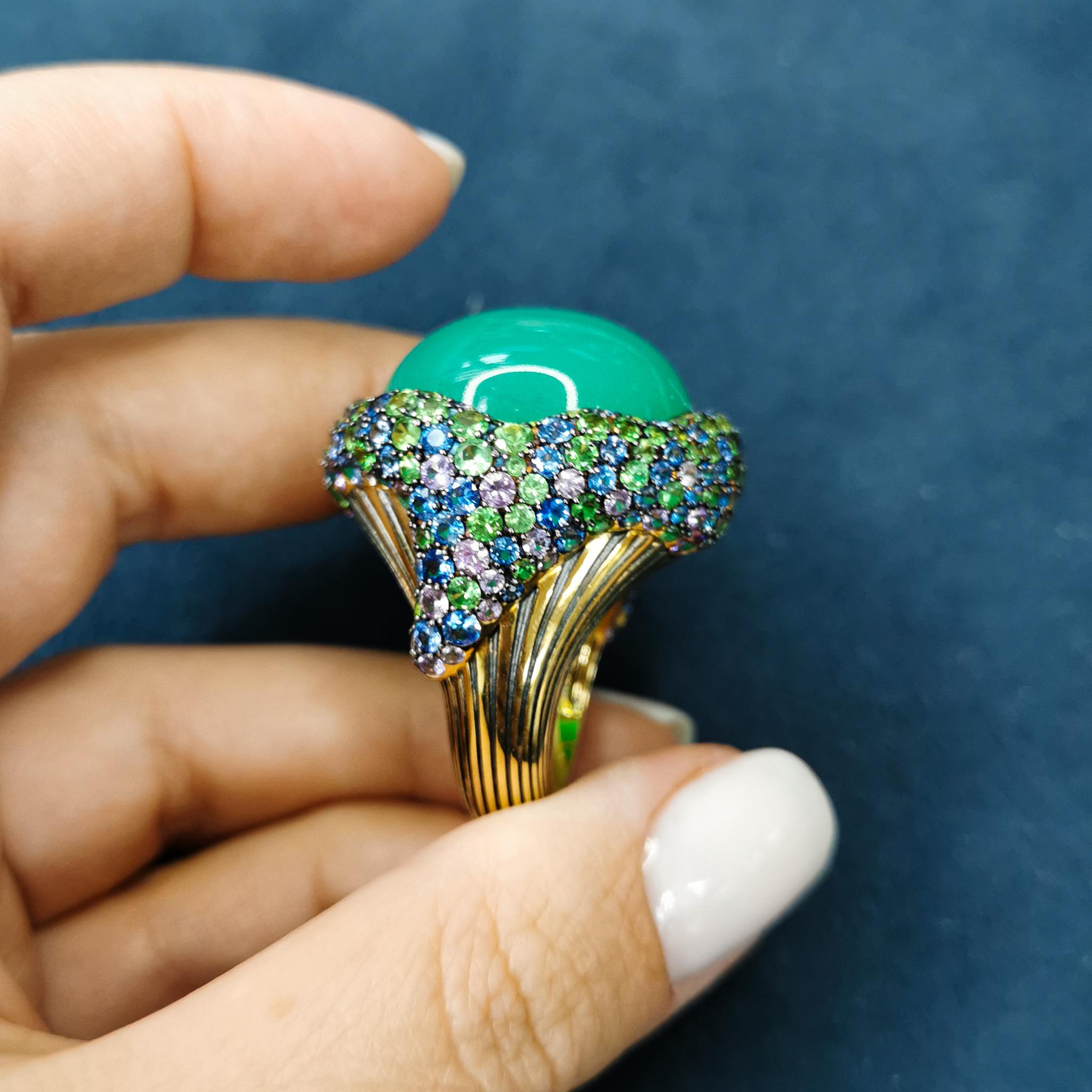 Women's Chrysoprase 40.30 Carat Sapphires Tsavorites 18 Karat Yellow Gold Ring For Sale