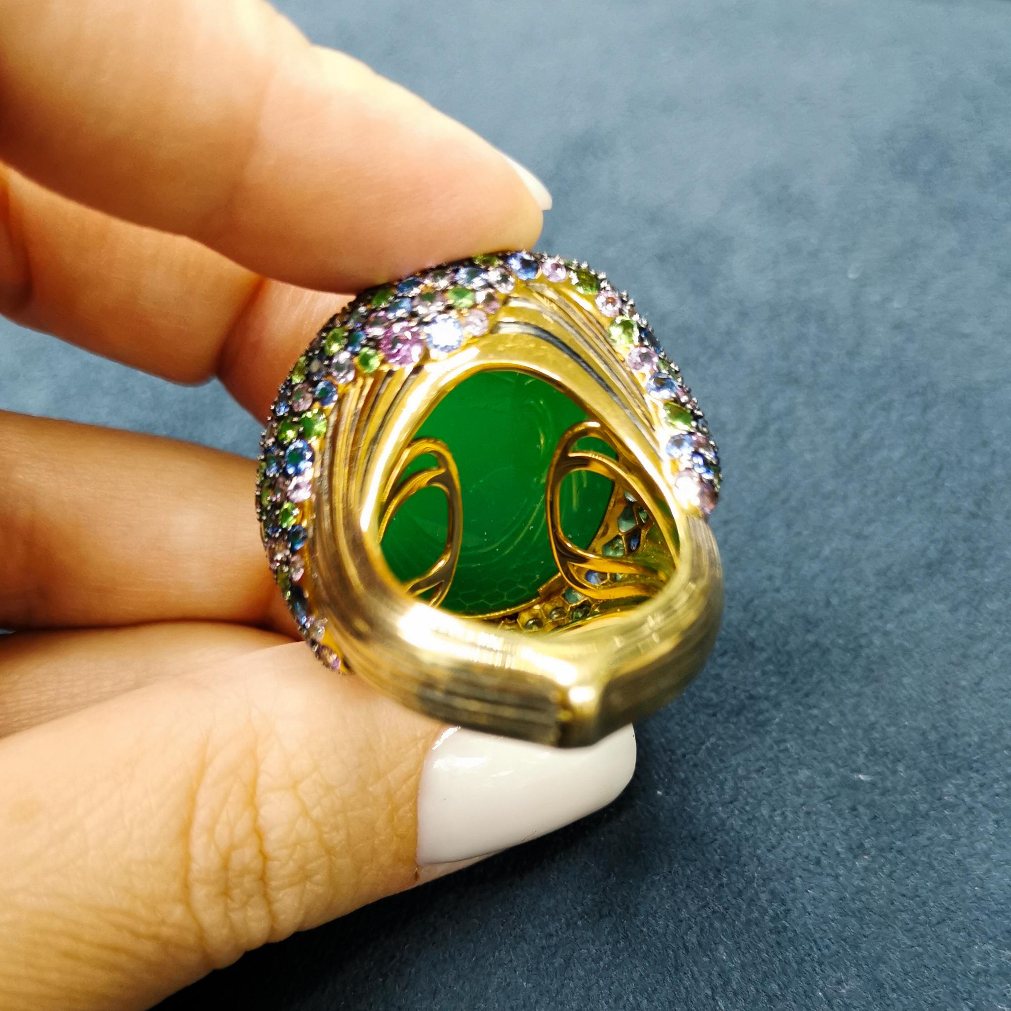 Chrysoprase 40.30 Carat Sapphires Tsavorites 18 Karat Yellow Gold Ring For Sale 1