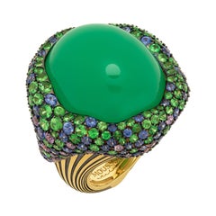Chrysoprase 40.30 Carat Sapphires Tsavorites 18 Karat Yellow Gold Ring
