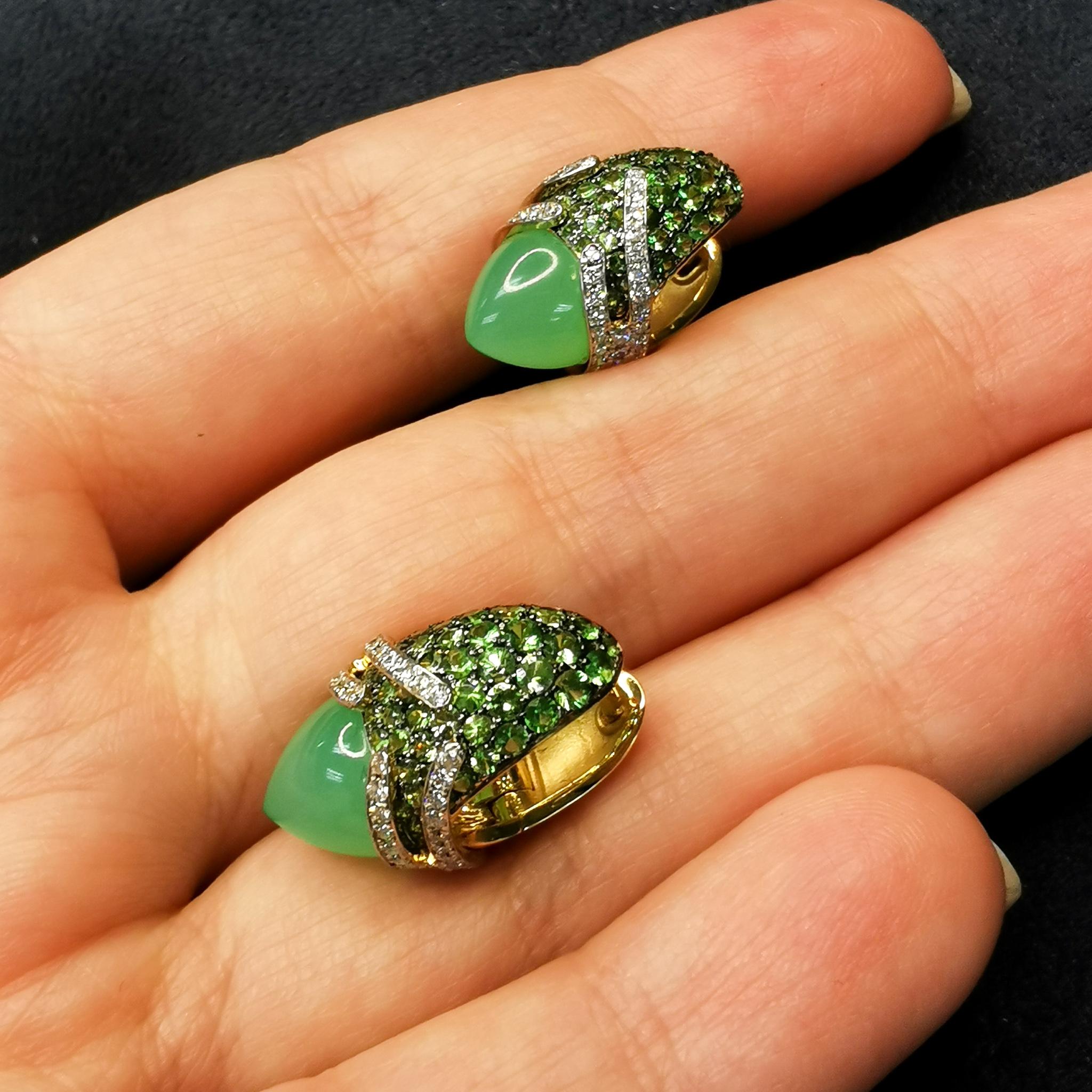Cabochon Chrysoprase 6.60 Carat Tsavorites Diamonds 18 Karat Gold Fuji Earrings For Sale