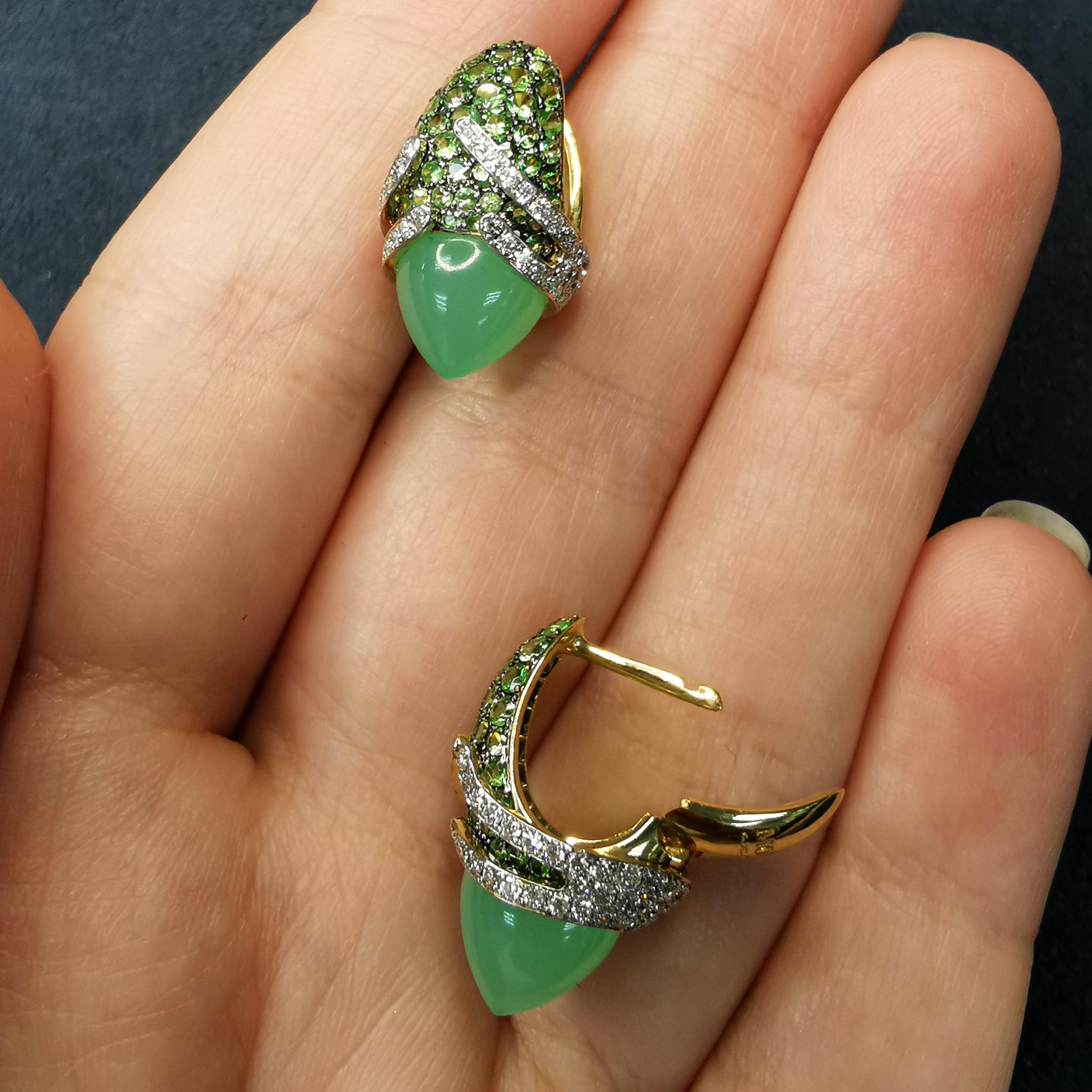 Women's Chrysoprase 6.60 Carat Tsavorites Diamonds 18 Karat Gold Fuji Earrings For Sale