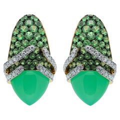 Chrysoprase 6.60 Carat Tsavorites Diamonds 18 Karat Gold Fuji Earrings