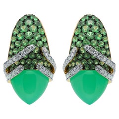 Chrysoprase 6.60 Carat Tsavorites Diamonds 18 Karat Gold Fuji Earrings