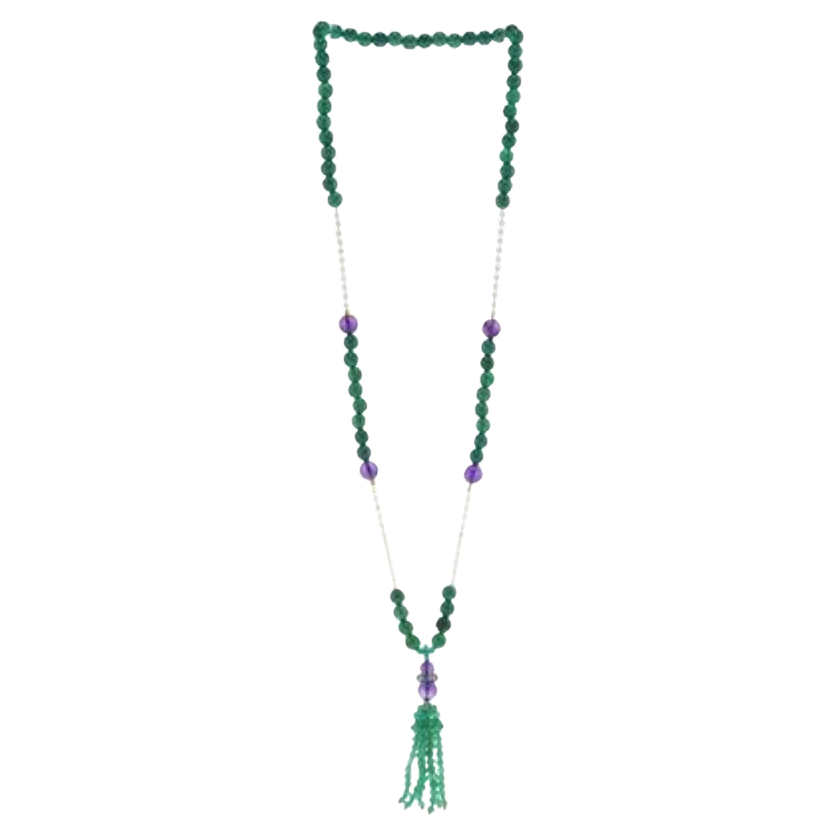 Collier long en or jaune 18 carats avec chrysoprase et améthyste