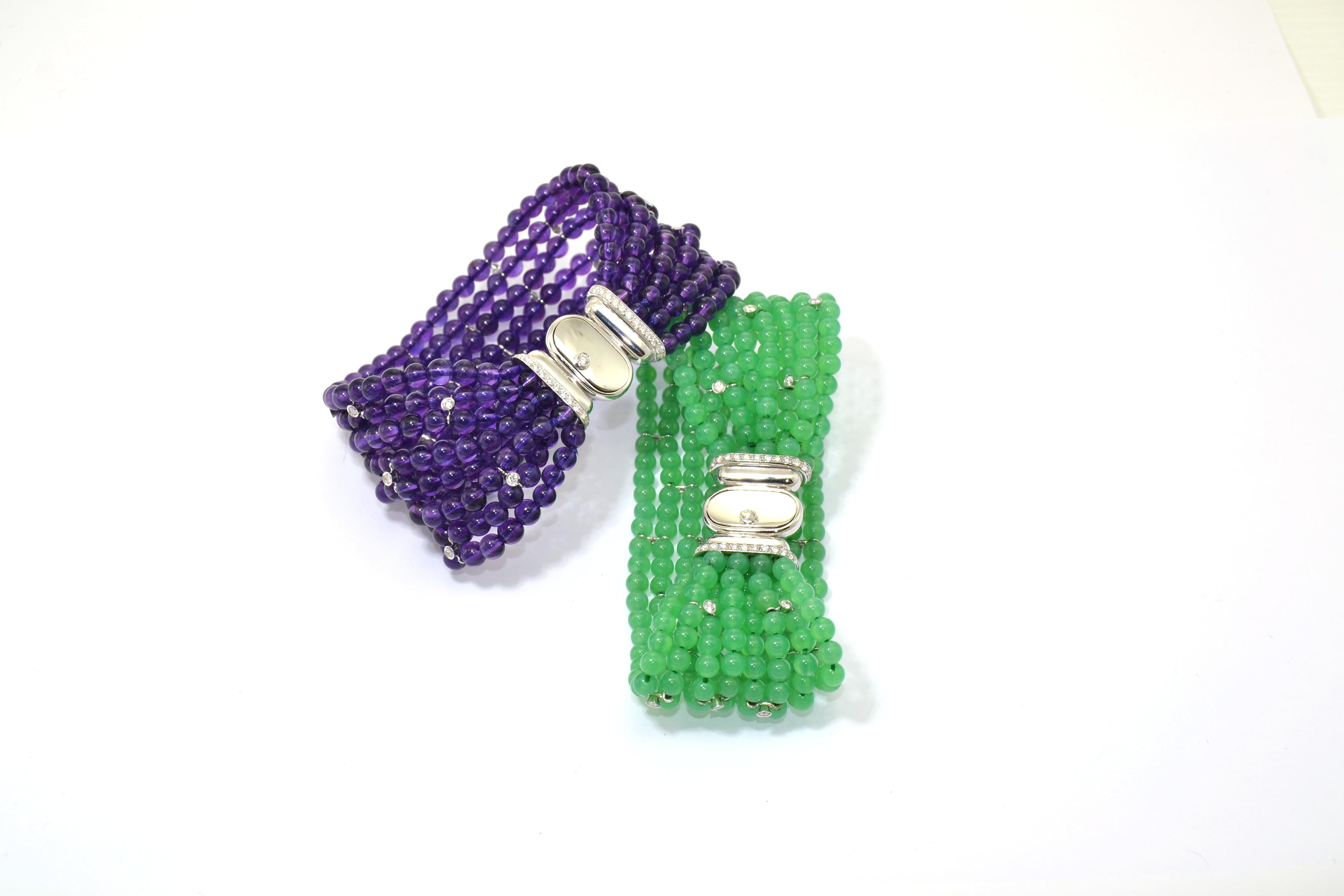 Handcrafted in Margherita Burgener family workshop based in Valenza, Italy, the twins bracelets are flexible strands of  balls of chrysoprase spotted by diamonds and amethyst balls spotted by diamonds.
Clasp is elegant and detailed with a little