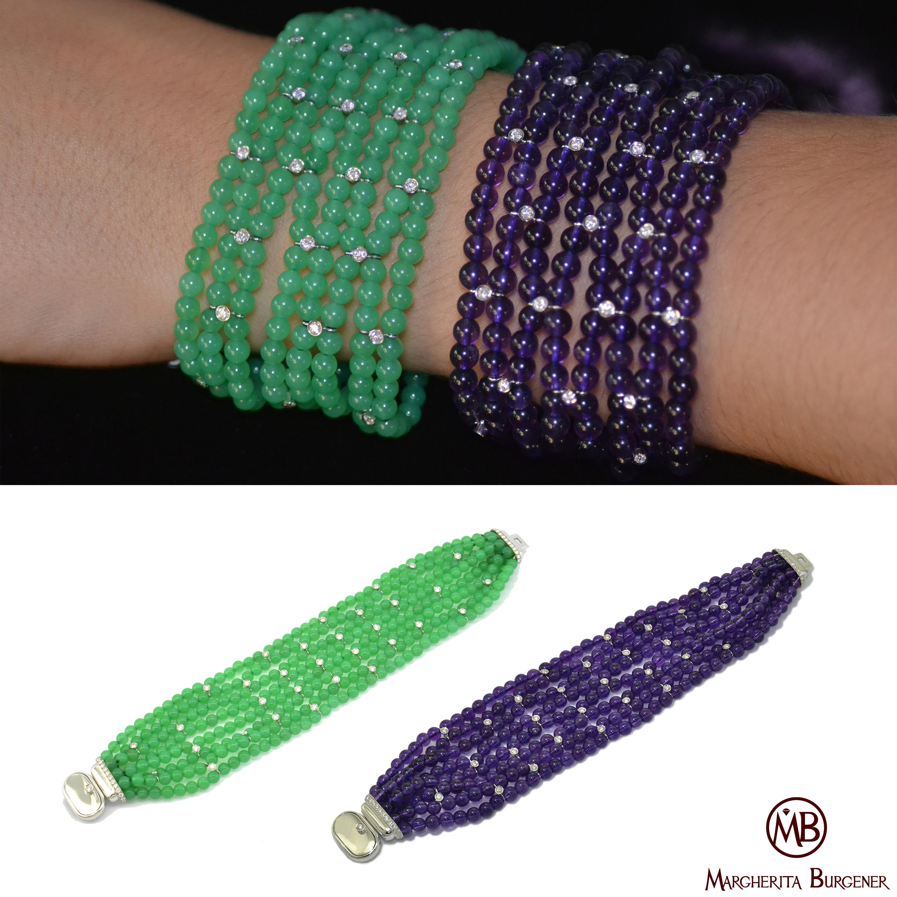 Diamond Chrysoprase Amethyst 18 KT White Gold Made in Italy Twin Bracelets  For Sale 9