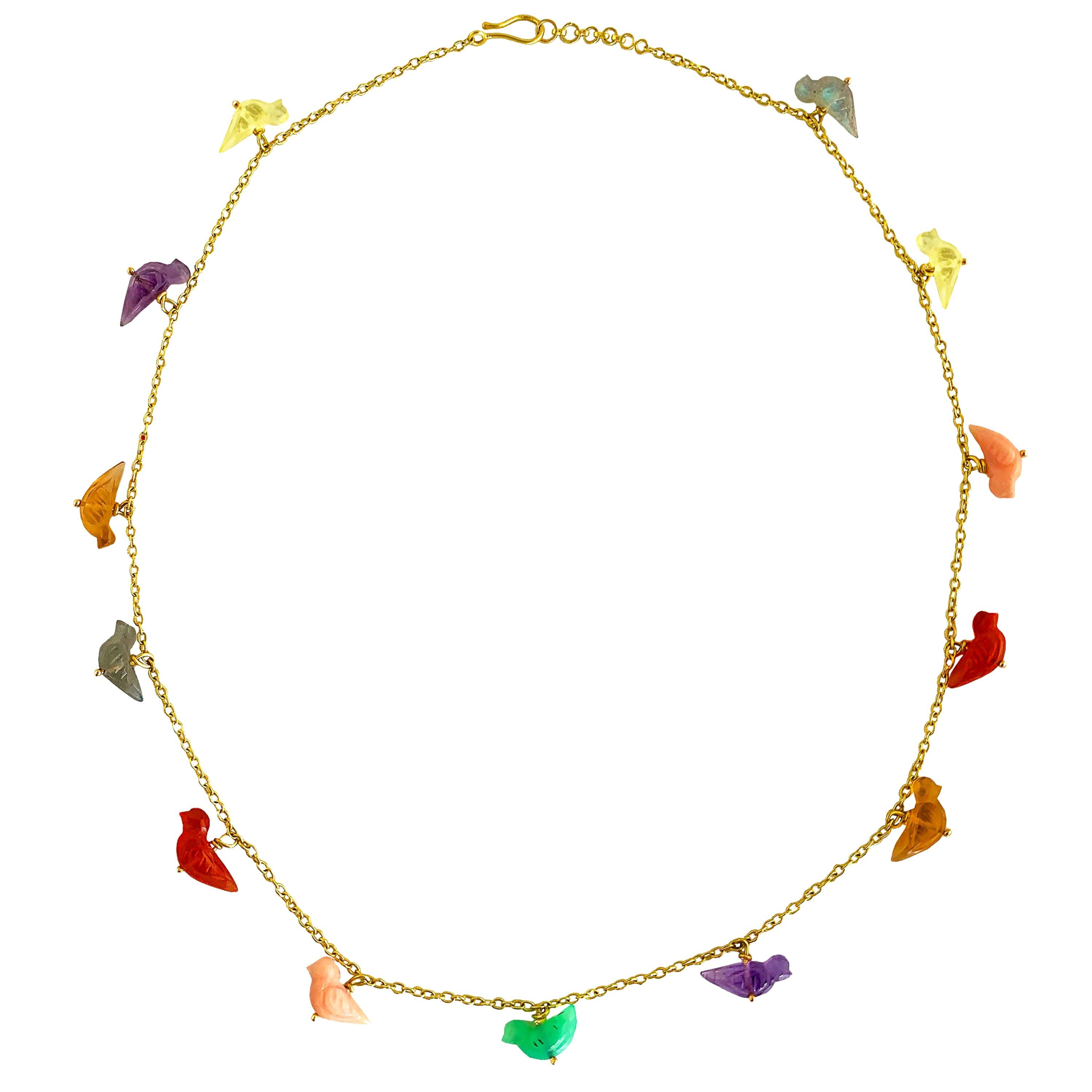 Ico & the Bird Chrysoprase, Opal, Quartz, Carnelian Bird 22k Gold Necklace   For Sale